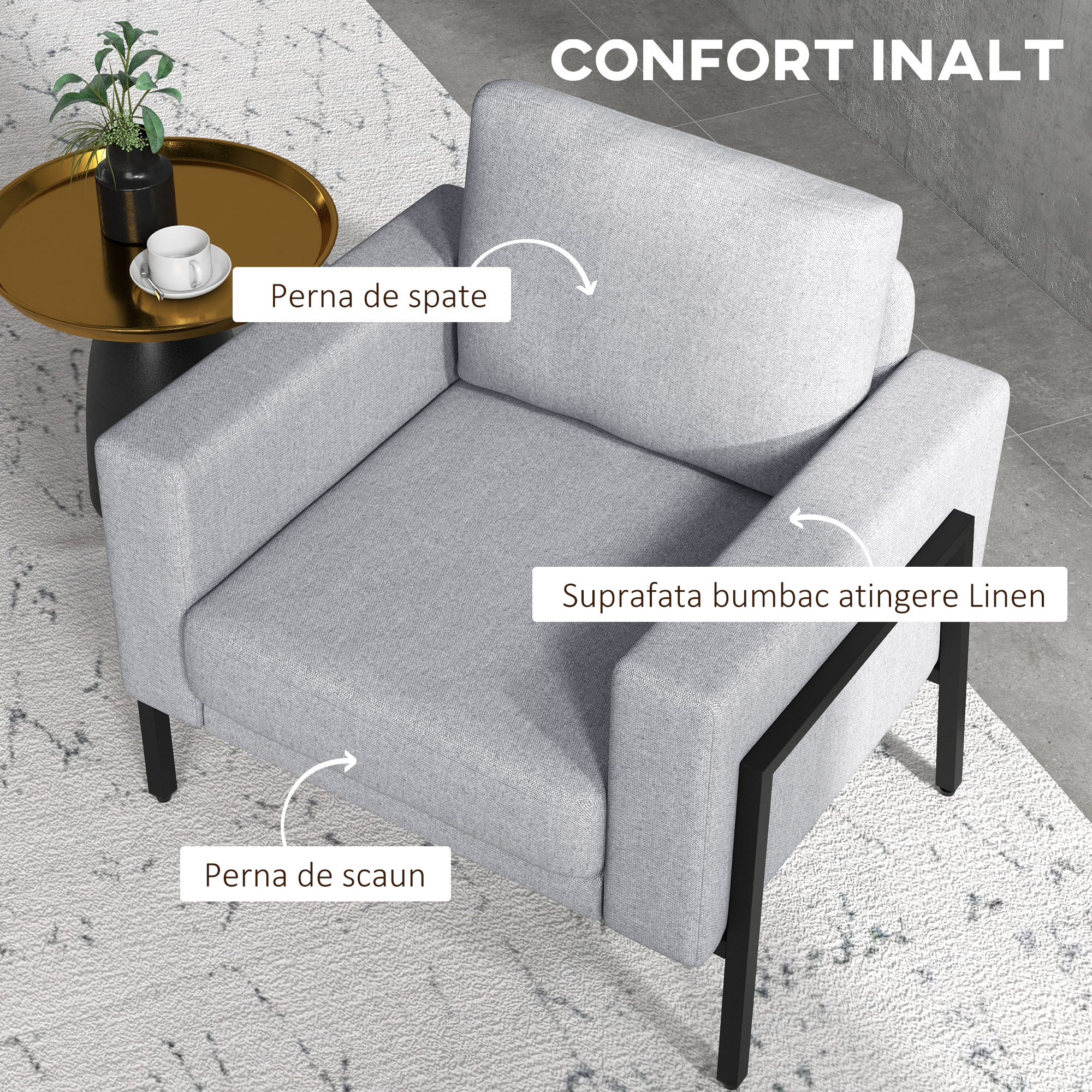  Scaune de Efect Moderne cu Scaun Captusit, Fotoliu Tapitat pentru Dormitor cu Picioare din Otel, Gri Deschis [3]