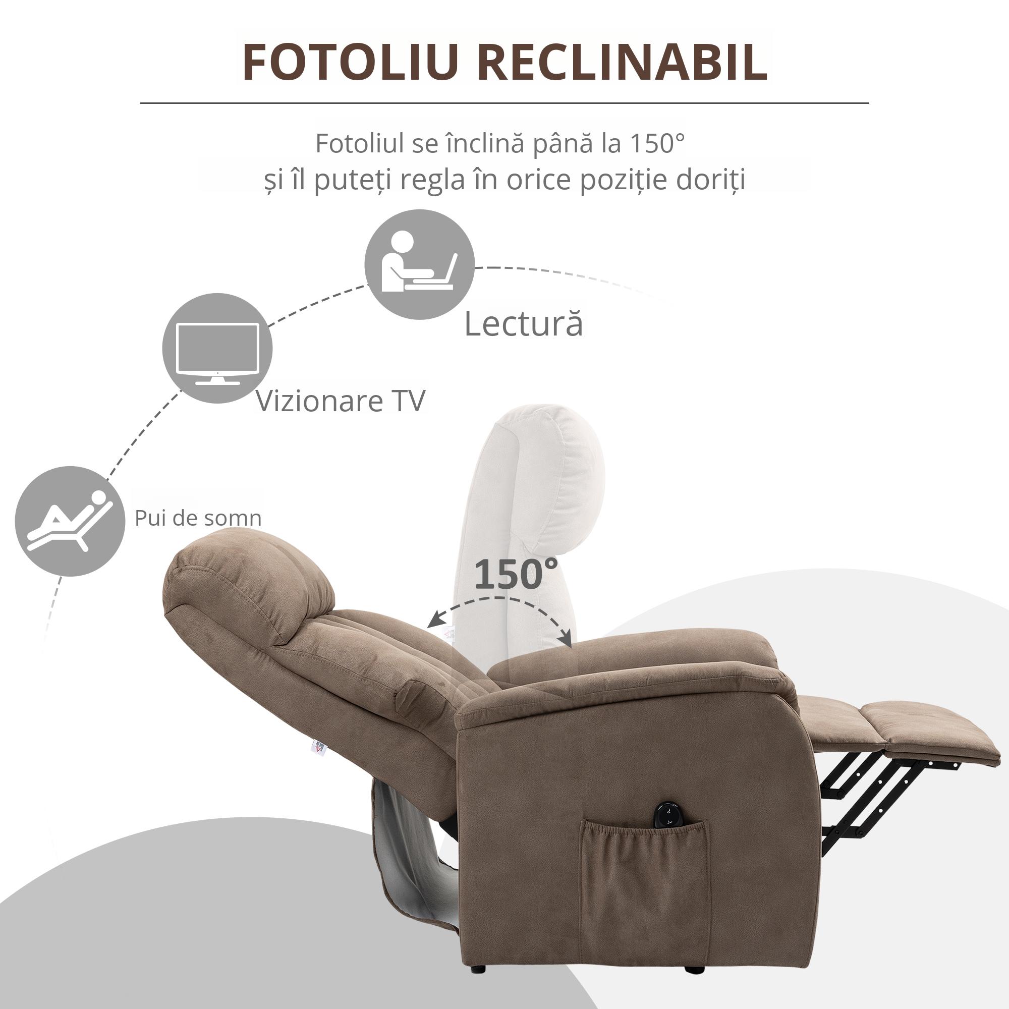  Fotoliu rabatabil cu sistem de ridicare 150° max, telecomanda si suport pentru picioare, 75x93x110 cm, maro [4]