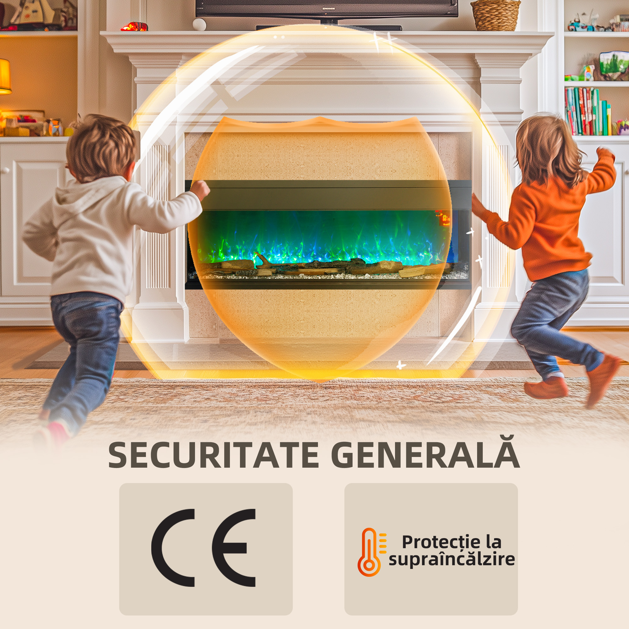  semineu Electric incorporat si de Perete 1800W cu Flacari LED Colorate Reglabile, Temperatura de pana la 40°C, Negru [6]
