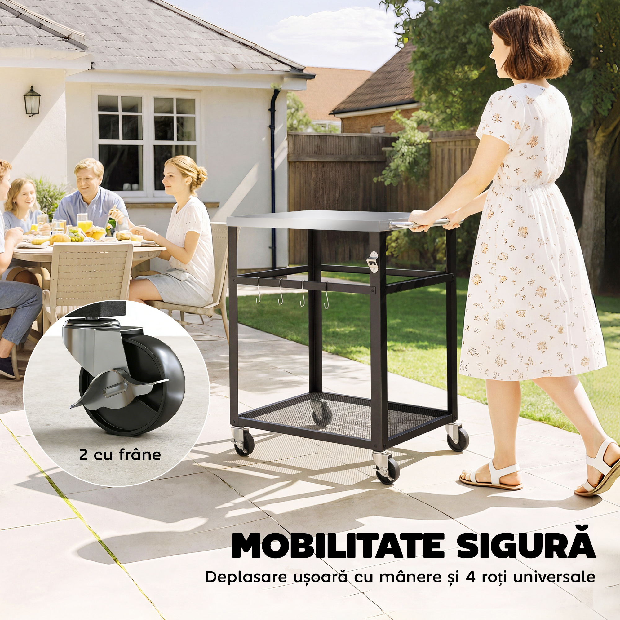  Troller pentru Gratar de Exterior cu Blat din Otel Inoxidabil, 4 Carlige, Maner si Roti Blocabile, Negru [5]