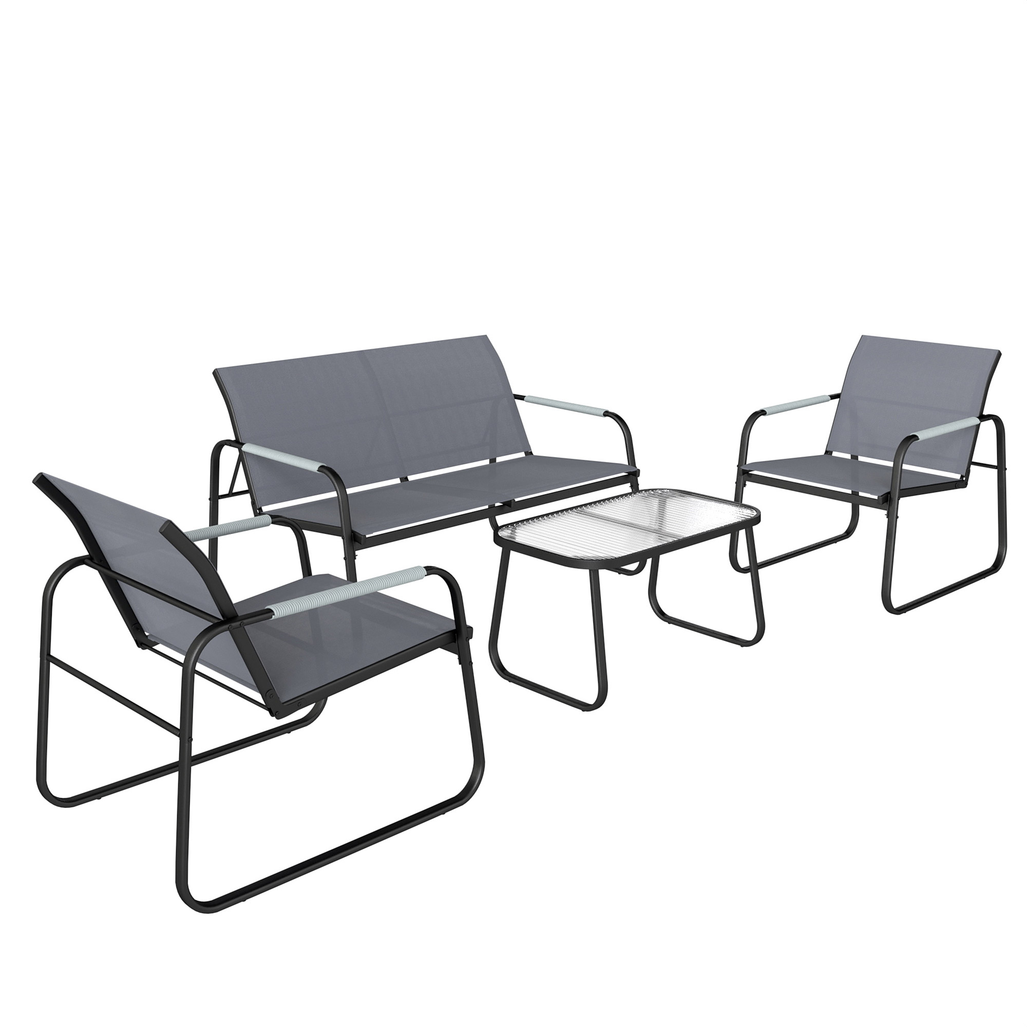 Gradina & balcon -  Set de Gradina 4 Piese, Canapea cu 2 Locuri, 2 Fotolii, Masuta din Sticla Temperata, Gri