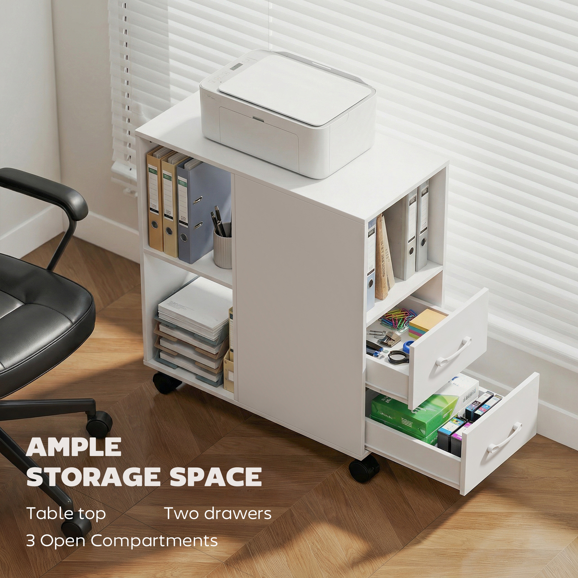  Masuta Minimalista pe Rotile cu 2 Sertare, Compartiment Deschis si Raft Reglabil, din Lemn, 60x30x65 cm, Alb [3]