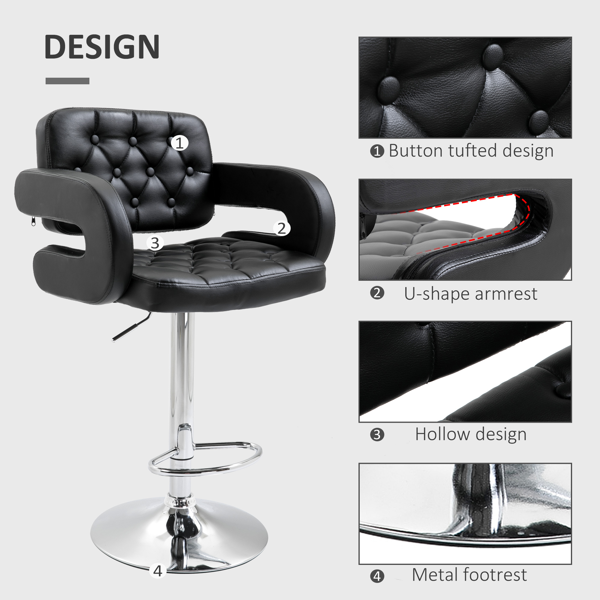  Scaun de Bar cu Spatar si Brate, Scaun Modern de Bucatarie Rotativ cu inaltime Reglabila, 61x50x94-114 cm, Negru [6]