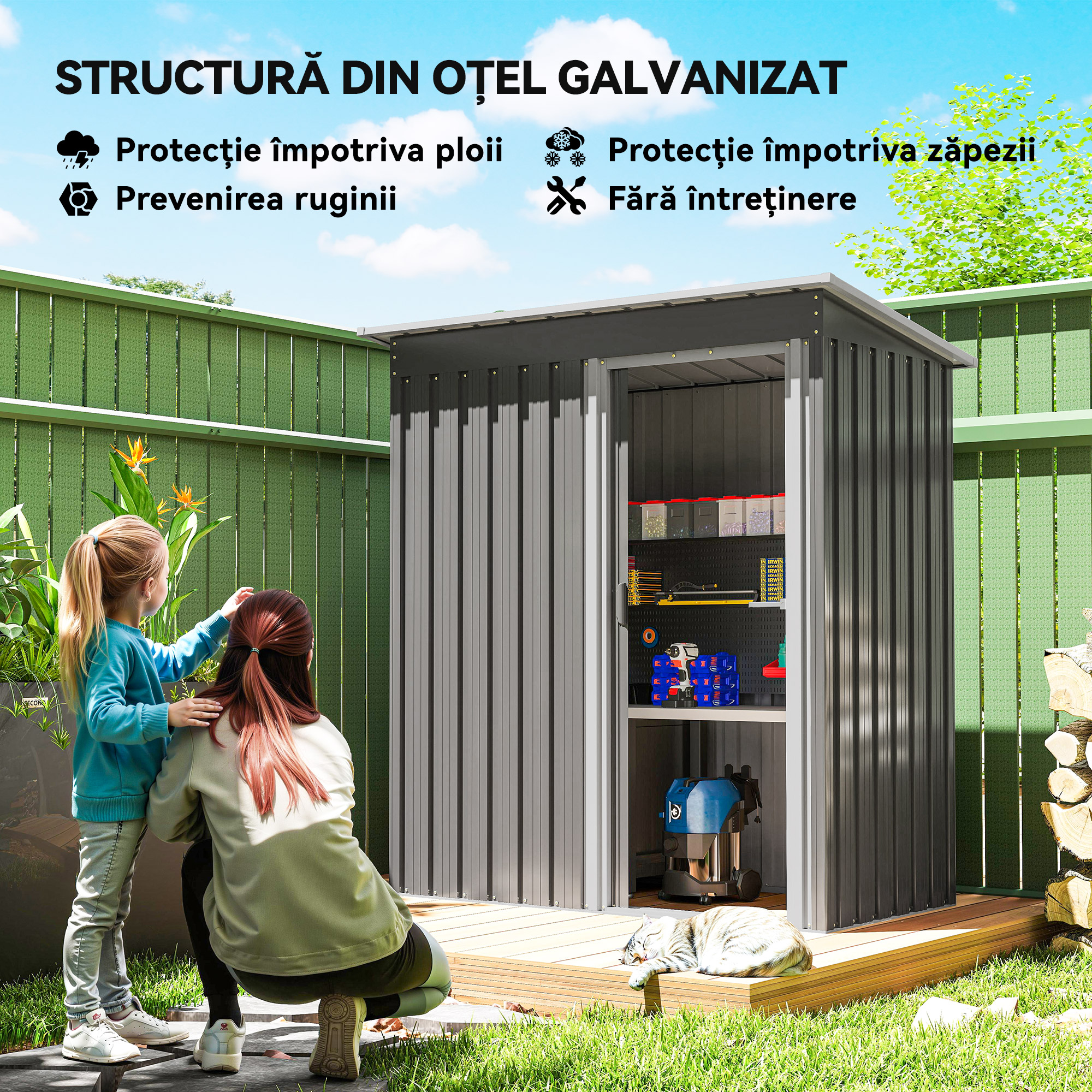  Casuta de Gradina Exterior 1,16 m² 163x89x182 cm din Metal cu Usa Culisanta si Acoperis inclinat, Gri [3]
