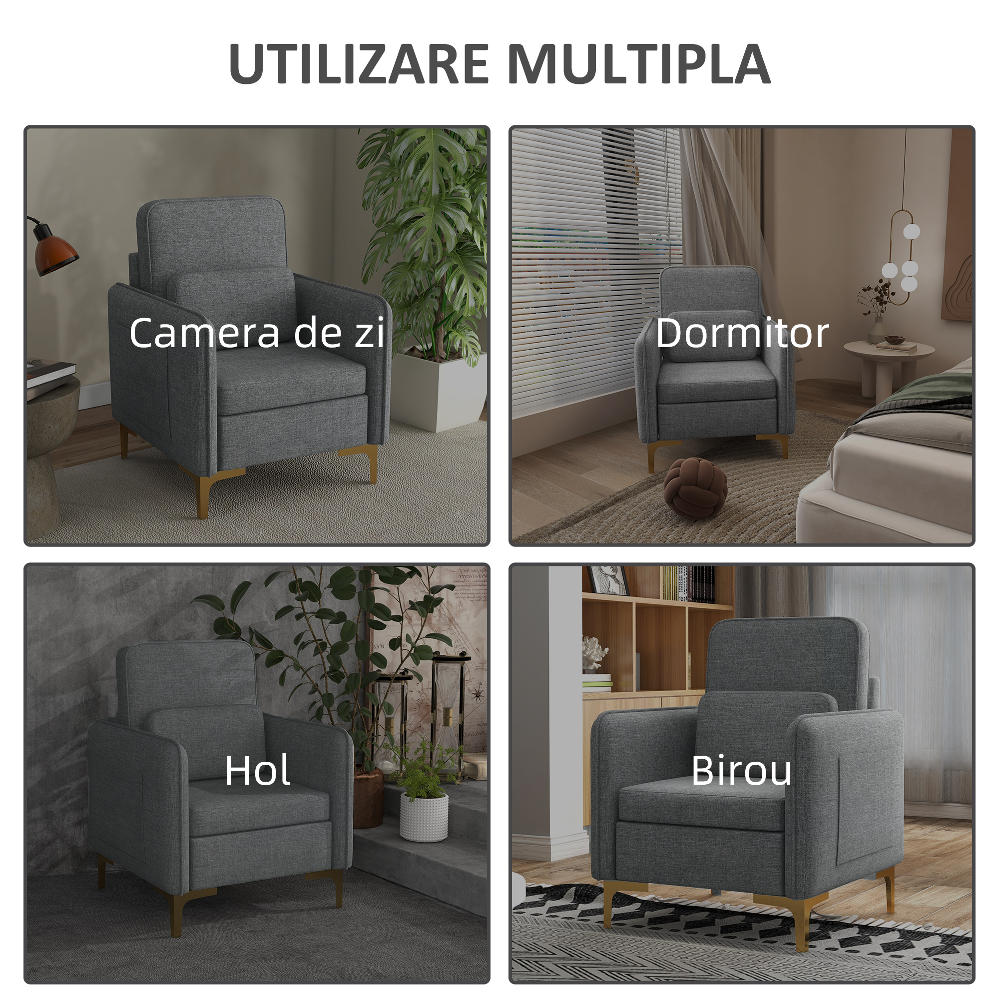  Fotoliu gri din stofa cu captuseala groasa & buzunare laterale [6]