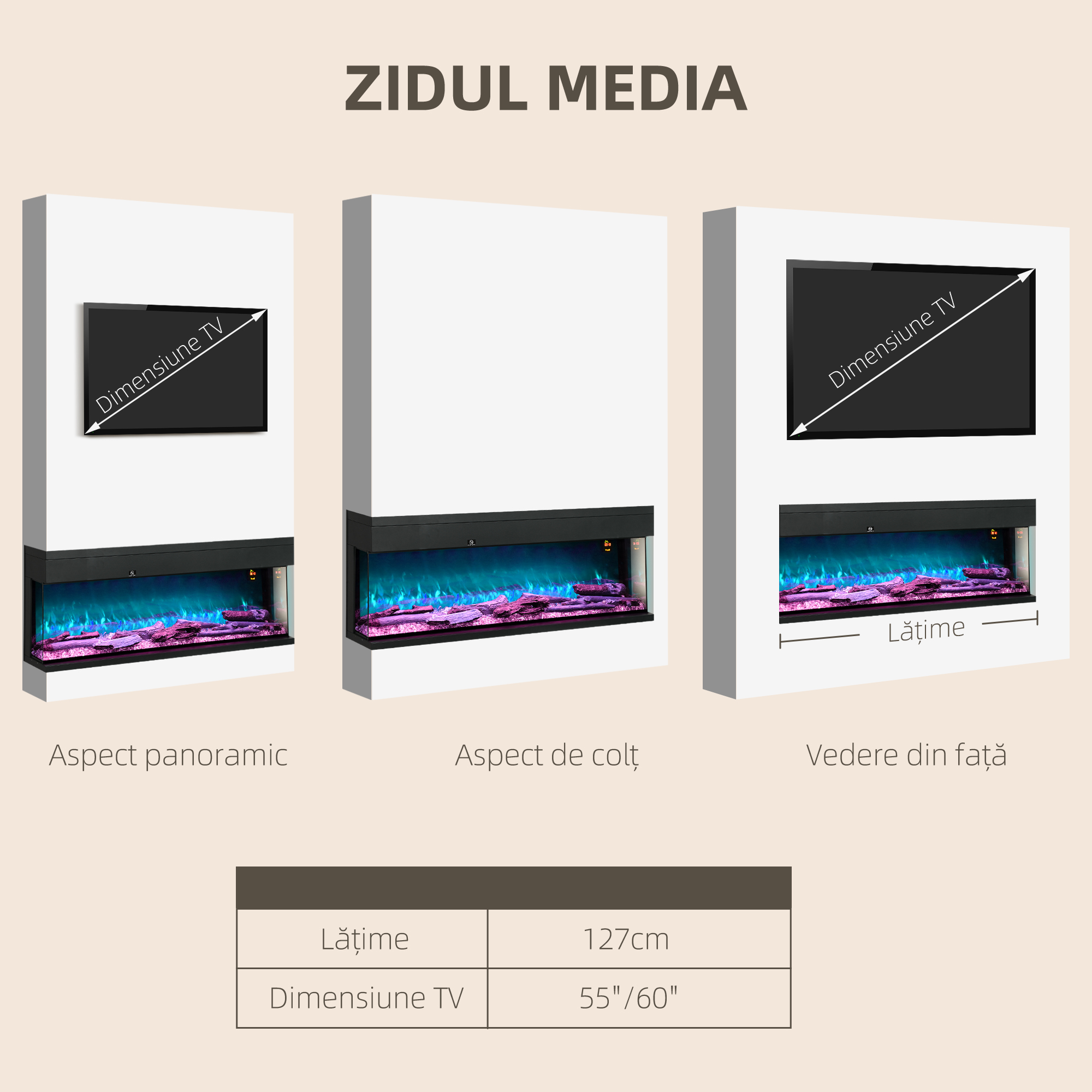  semineu Electric incorporat si de Perete 1800W cu Flacari LED Colorate Reglabile, Temperatura de pana la 40°C, Negru [8]
