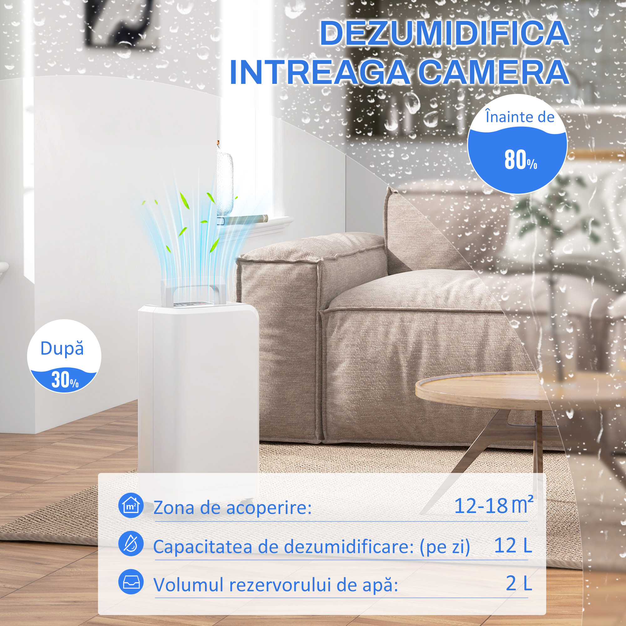  Dezumidificator de 12L cu Rezervor de Apa, Temporizator 24H si Afisaj Digital al Umiditatii, 28x18x50,6 cm, Alb [3]