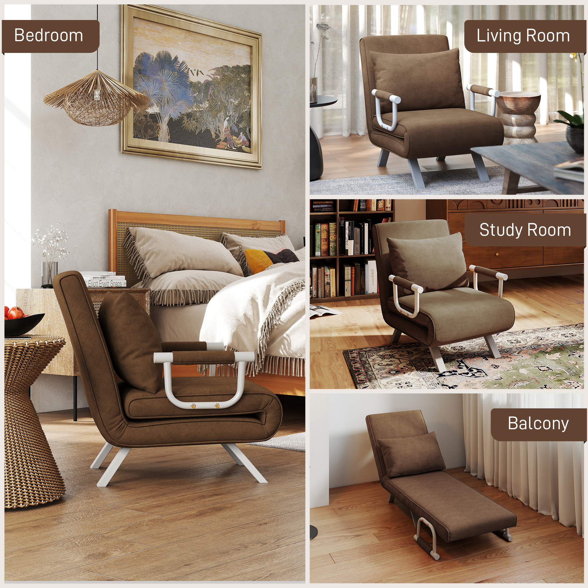  Fotoliu Pat Individual 3 in 1 cu Spatar Reglabil pe 5 Nivele si Perna, 65x69x80 cm, Maro [7]