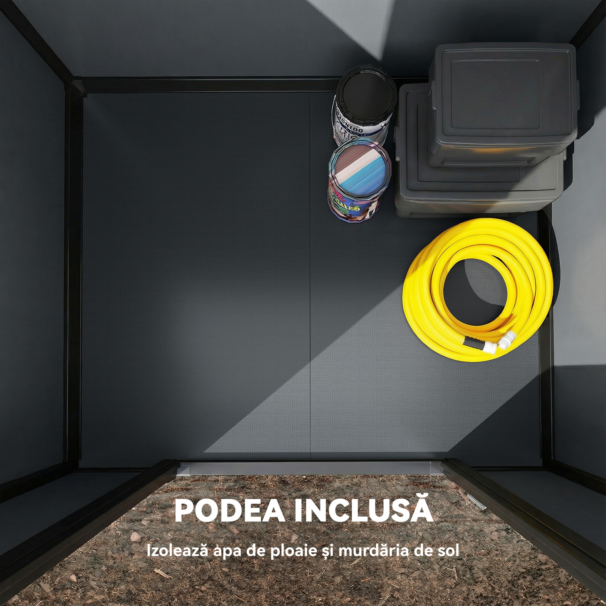  Casuta pentru Unelte cu 2 Intrari, Ferestre si Aerisiri, din PP si Aluminiu, 128x104x196 cm, Gri inchis [3]