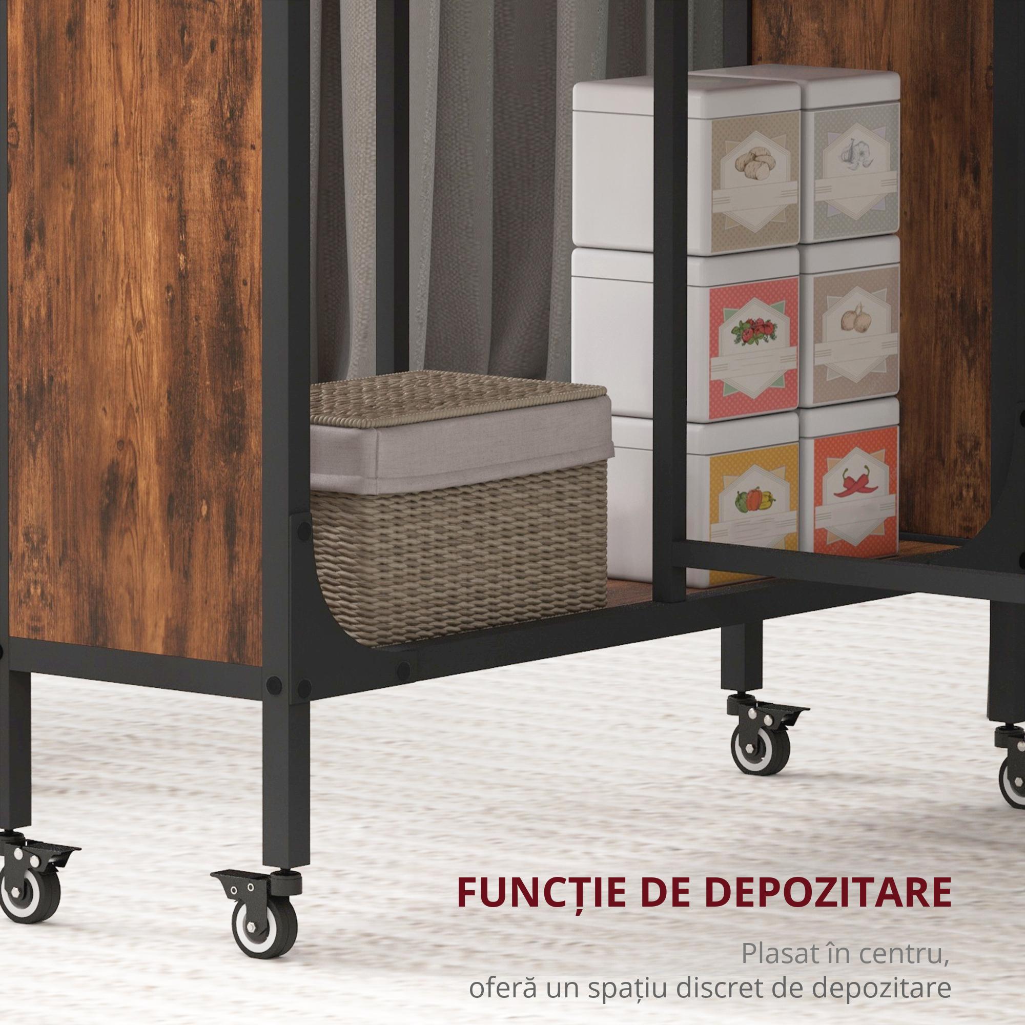  Masa Pliabila cu 6 Roti si Raft Stil Industrial din Lemn si Metal, Maro Rustic [5]