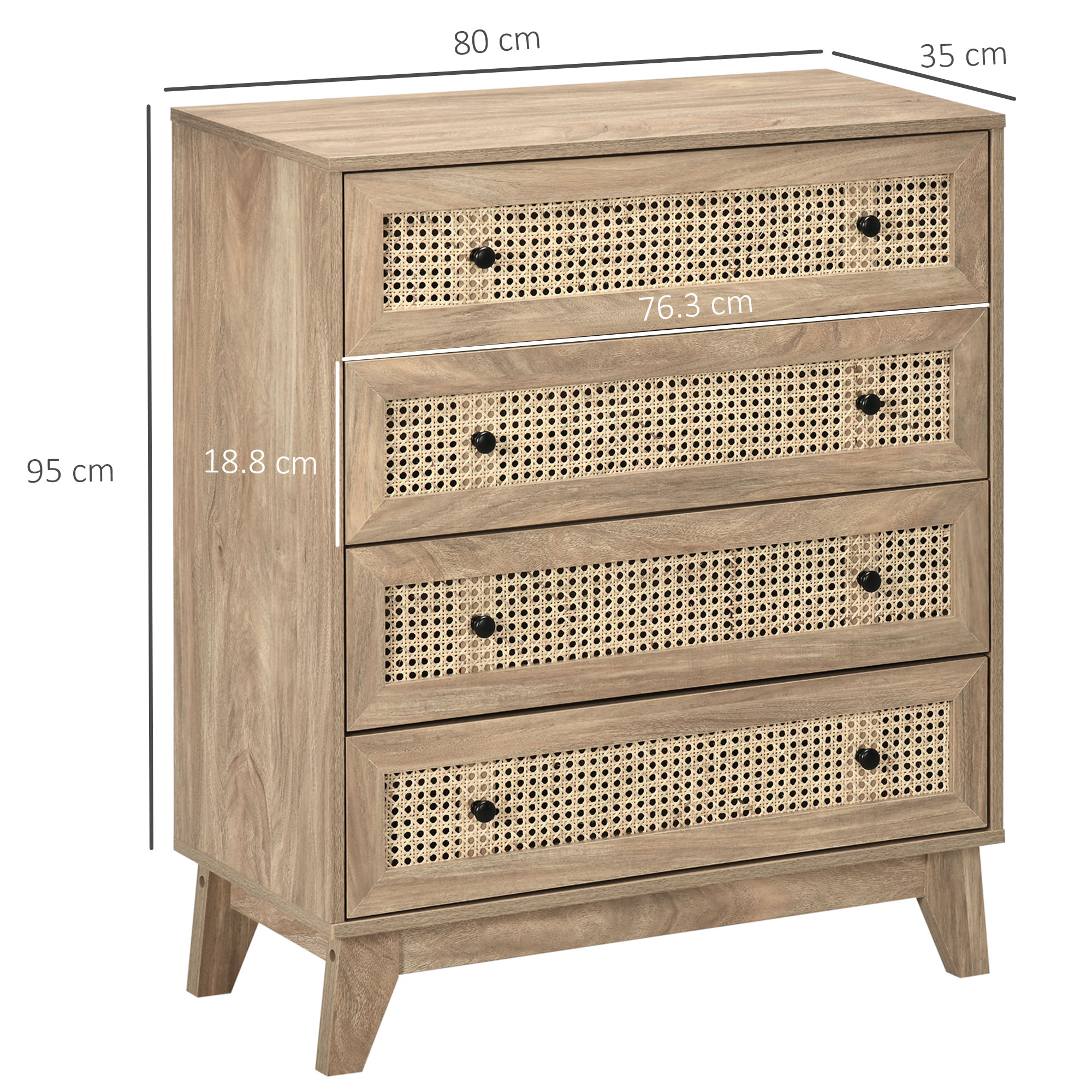  Comoda cu 4 Sertare si Insertii din Rattan Stil Boho, 80x35x95 cm, Lemn Natural [2]