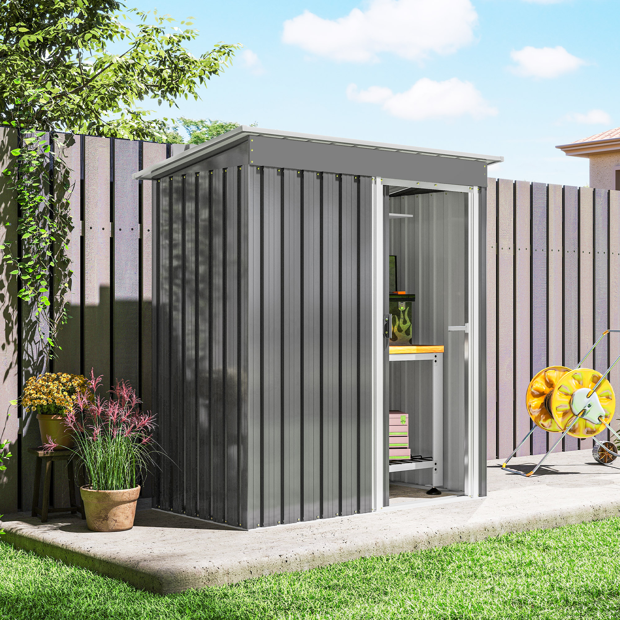  Casuta de Gradina Exterior 1,16 m² 163x89x182 cm din Metal cu Usa Culisanta si Acoperis inclinat, Gri [7]