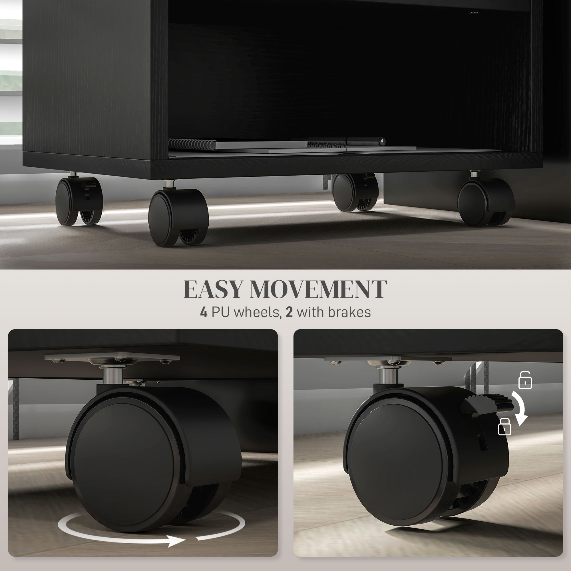  Suport Imprimanta pe 2 Niveluri cu Depozitare, Carucior Imprimanta pe Roti cu 3 Compartimente, 40x30x36 cm, Negru [4]