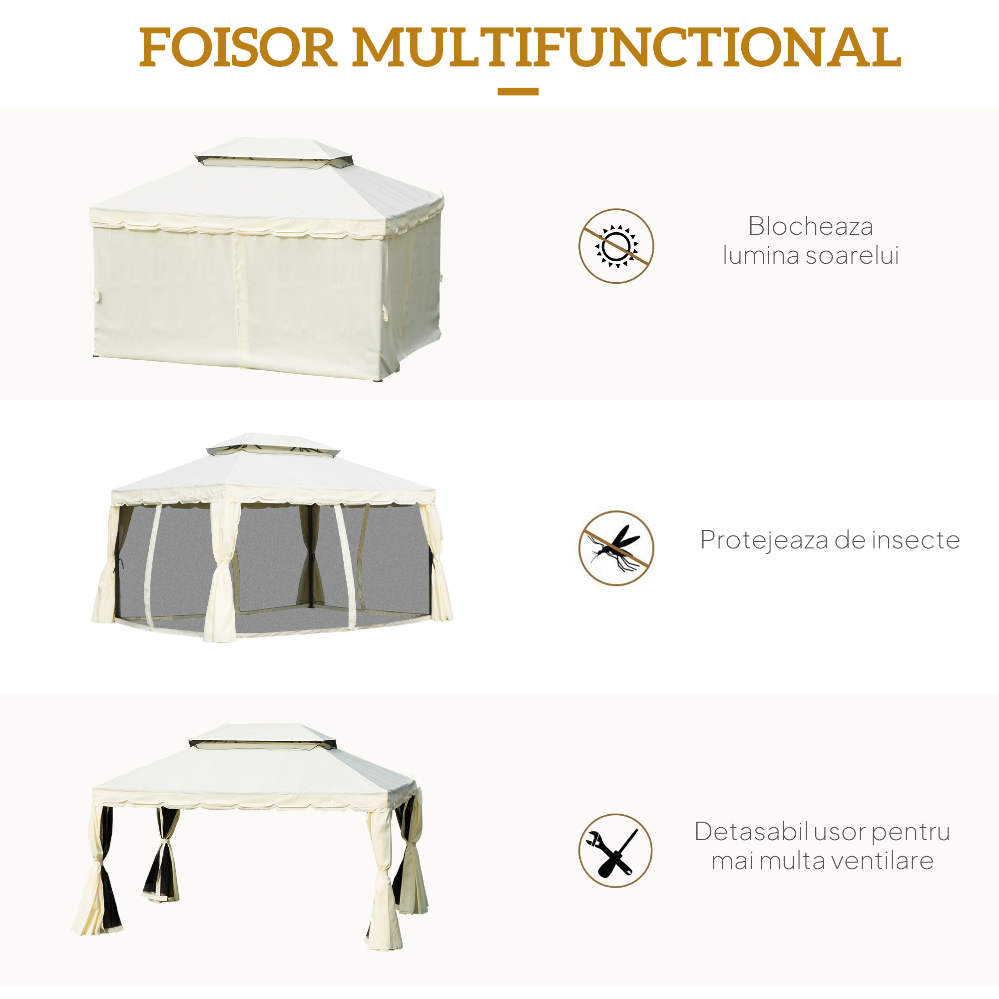 Foisor  cu Acoperis dublu, Plasa de tantari, Perdele laterale, culoare crema alba 3x4m [4]