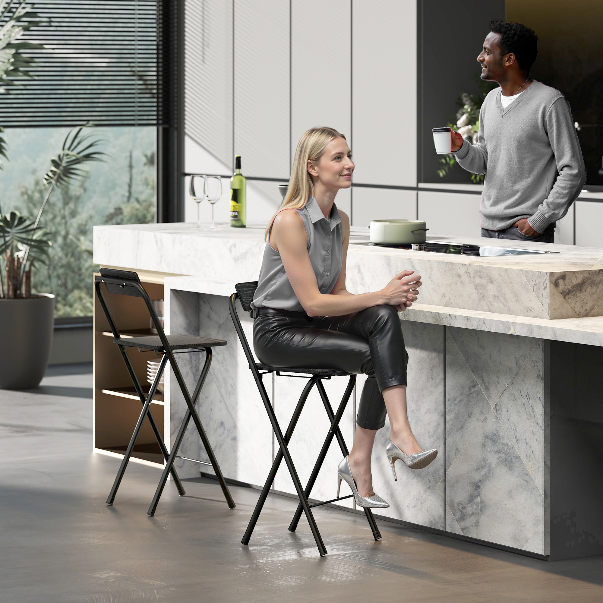  Set 2 Scaune de Bucatarie Pliabile cu Suport pentru Picioare din MDF si Otel Negru [7]