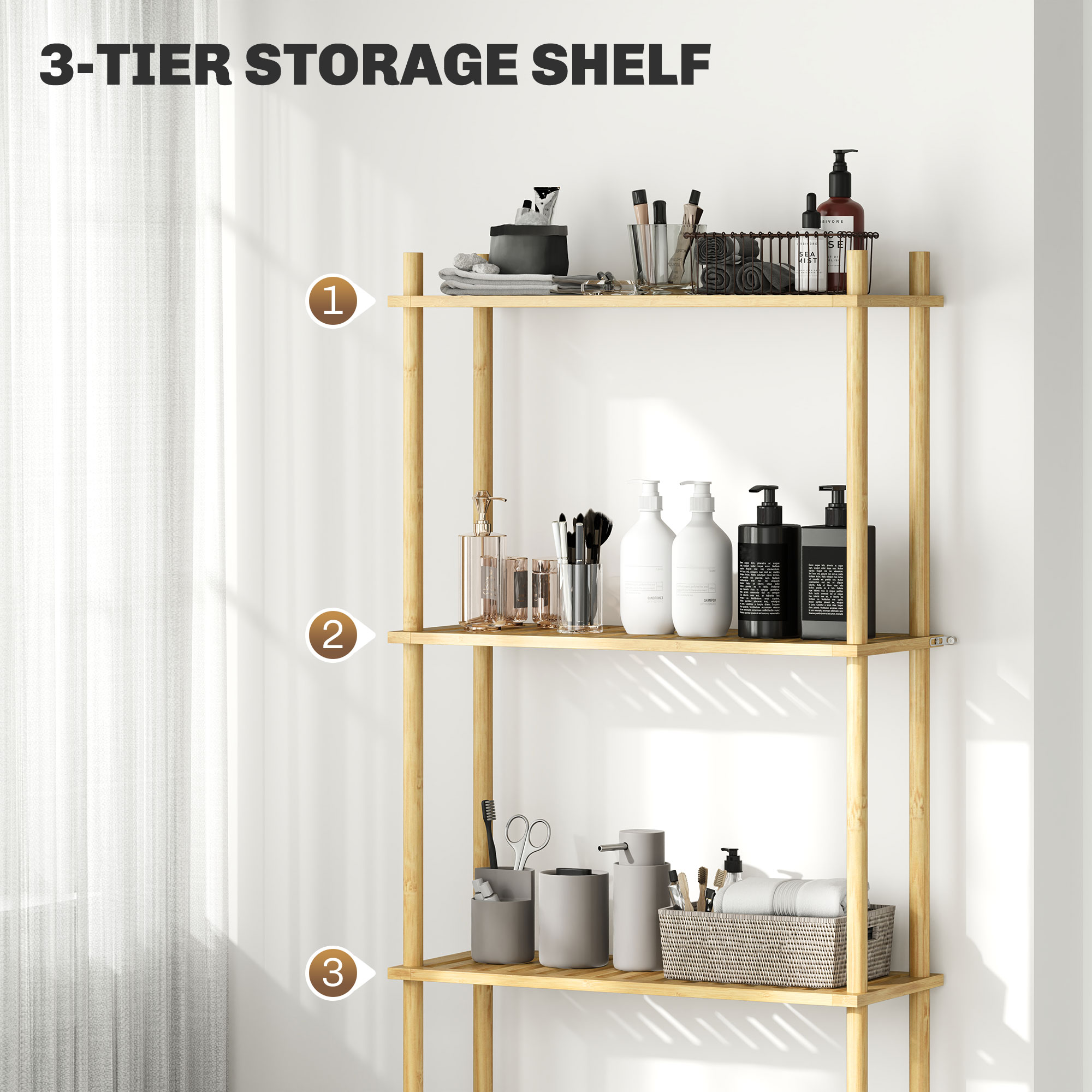  Unitate de Depozitare Deasupra Toaletei din Bambus cu 3 Rafturi, 63,5x25,5x181 cm, Lemn Natural [4]