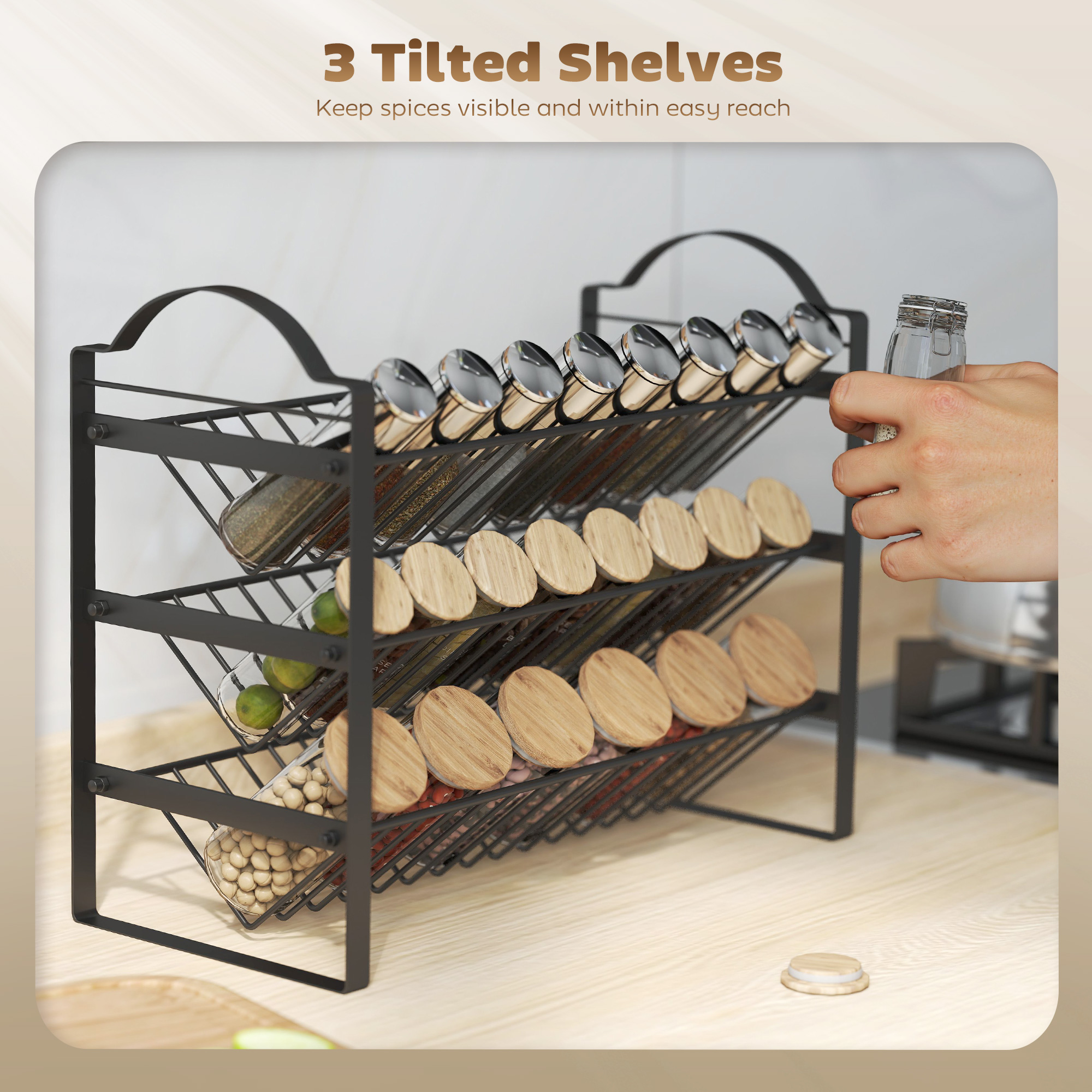  Suport pentru Condimente de Bucatarie cu 3 Rafturi inclinate din Metal Negru [4]