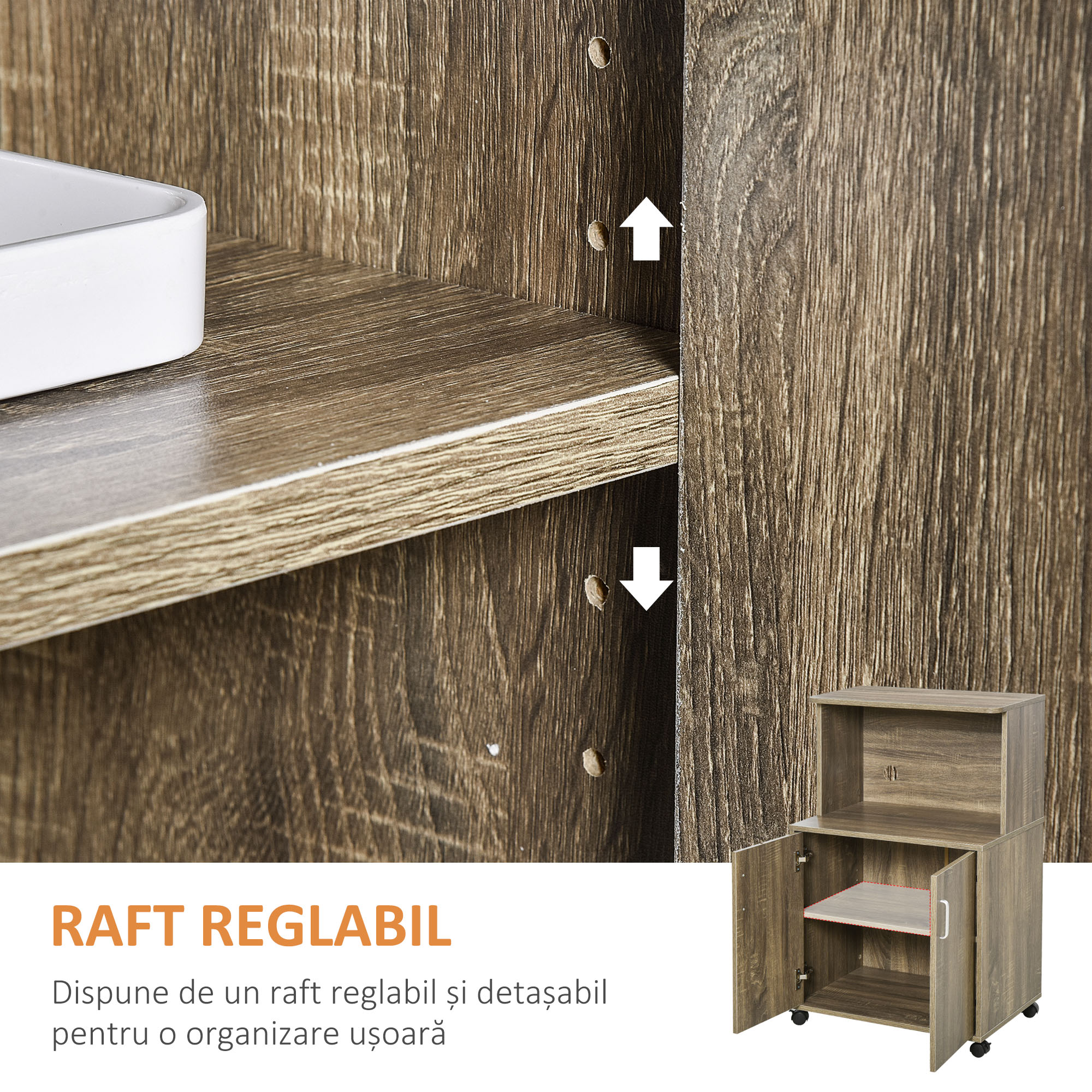 Mobilier Bucatarie Multifunctional  cu 4 Roti, Dulapior si Etajera pentru Microunde, 60,4x40,3x97cm - Lemn [4]