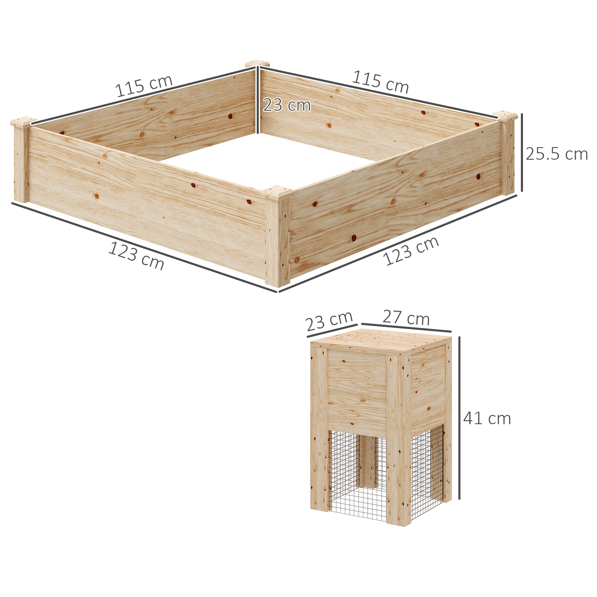  Jardiniera de Exterior cu Compostor si Baza Deschisa din Lemn de Brad, 123x123x25,5 cm, Lemn Natural [2]