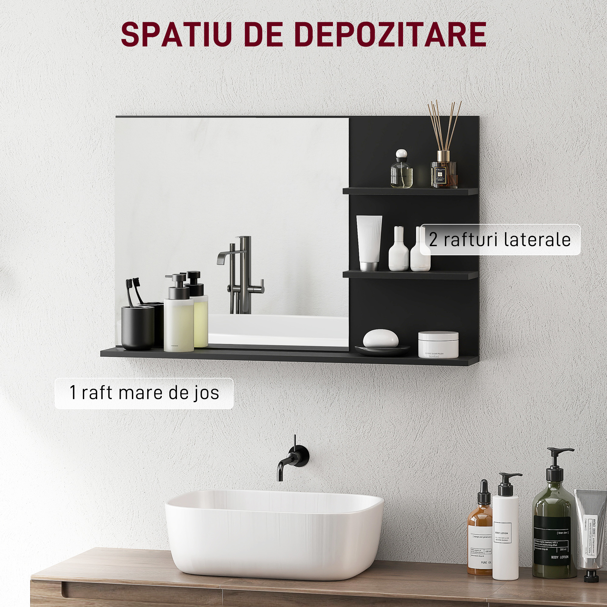  Oglinda de Baie cu 2 Rafturi Laterale si Raft Inferior Negru [3]