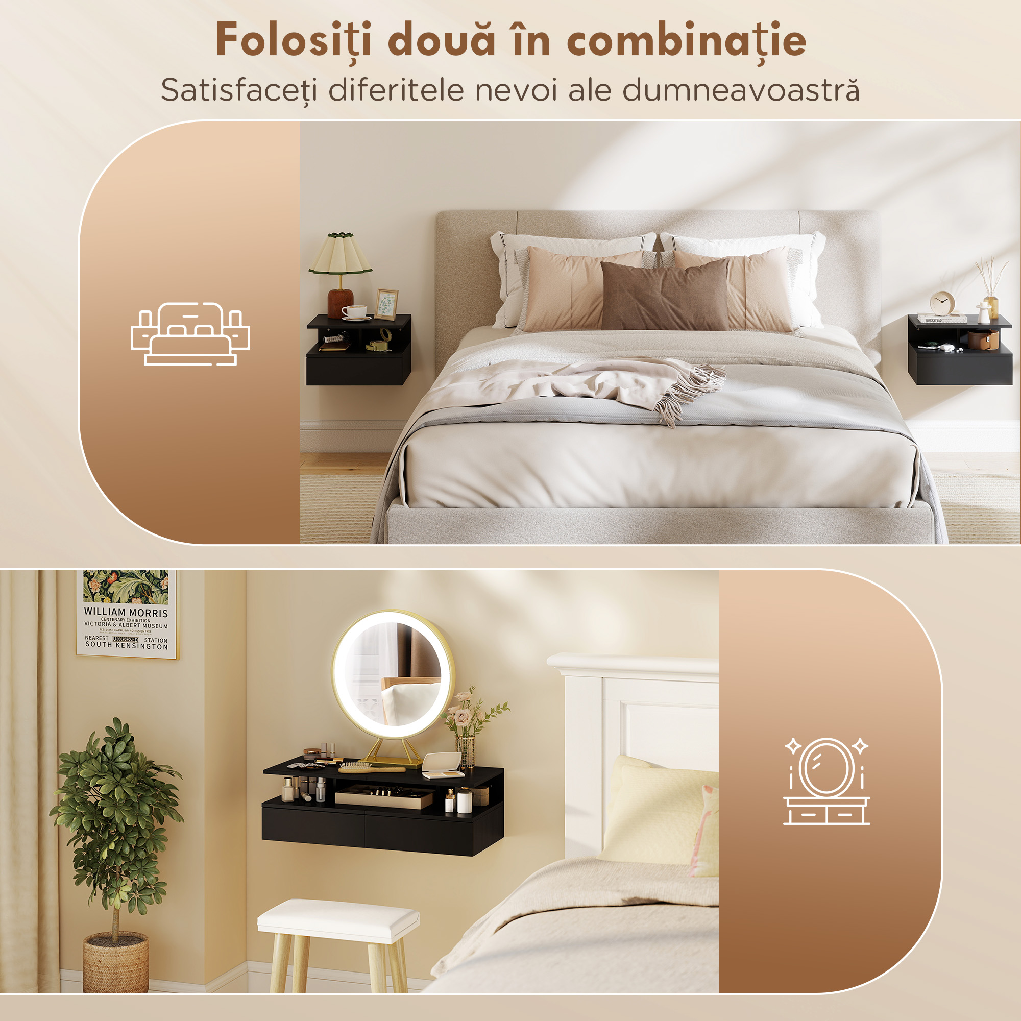  Set de 2 Noptiere Suspendate cu Sertar si Raft Deschis, 35x32x22.5 cm, Negru [5]