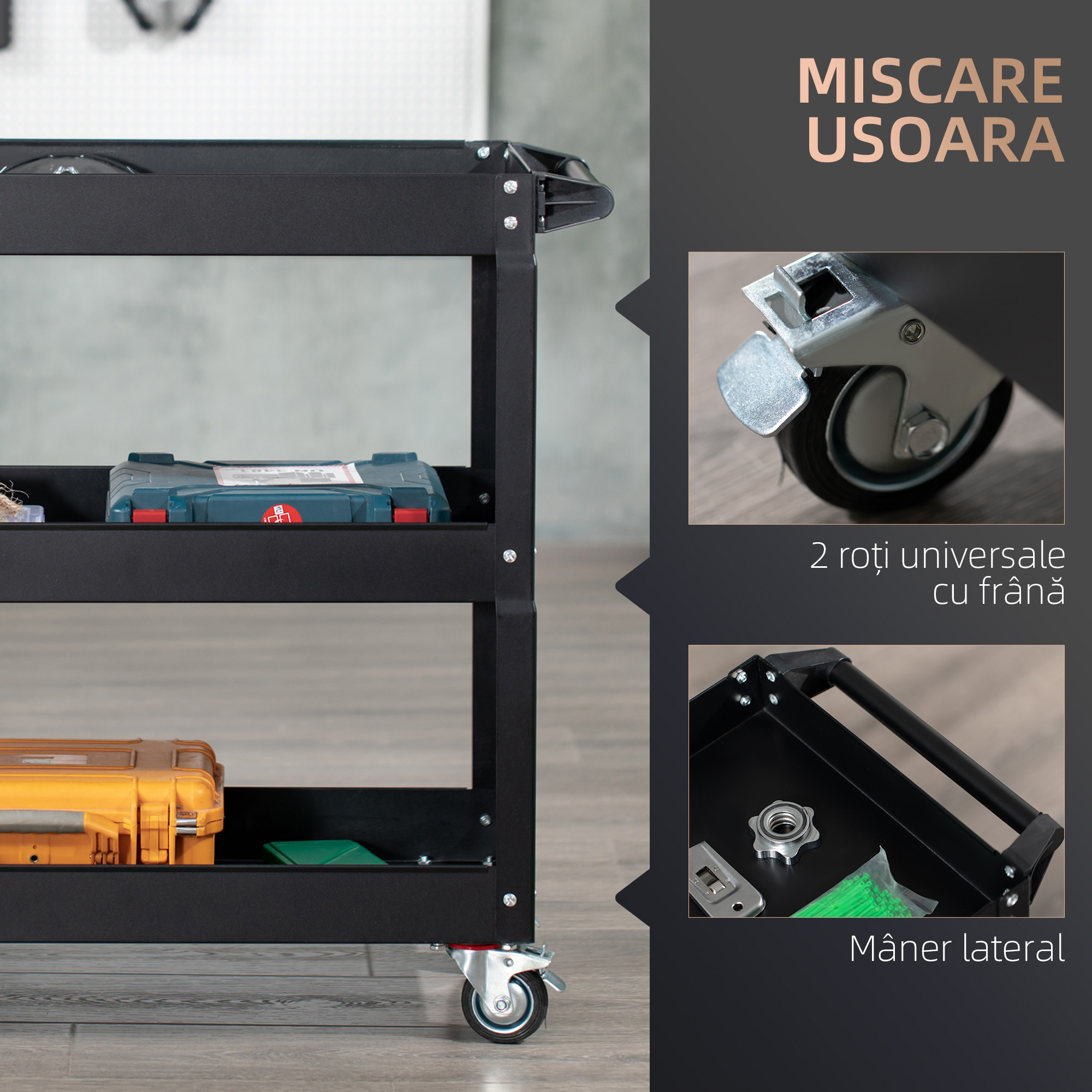  Carucior Port-Scule cu 3 Niveluri din Otel cu Margini inalte si 4 Roti Pivotante, 83x35,3x76 cm, Negru [4]