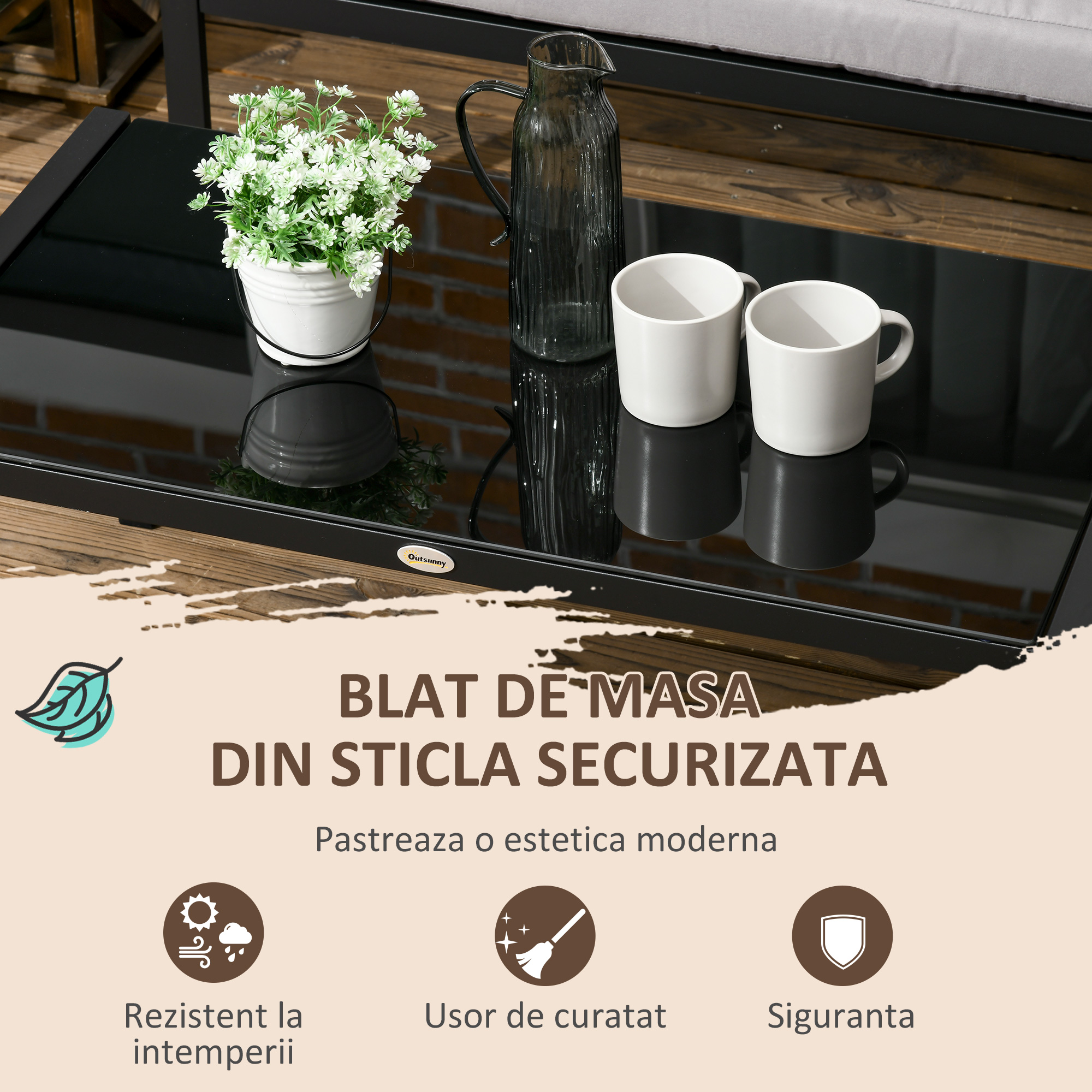  Set pentru gradina 4 bucati cu 2 canapele 2 locuri, fotoliu de colt si masuta de cafea din geam securizat, gri si negru [5]