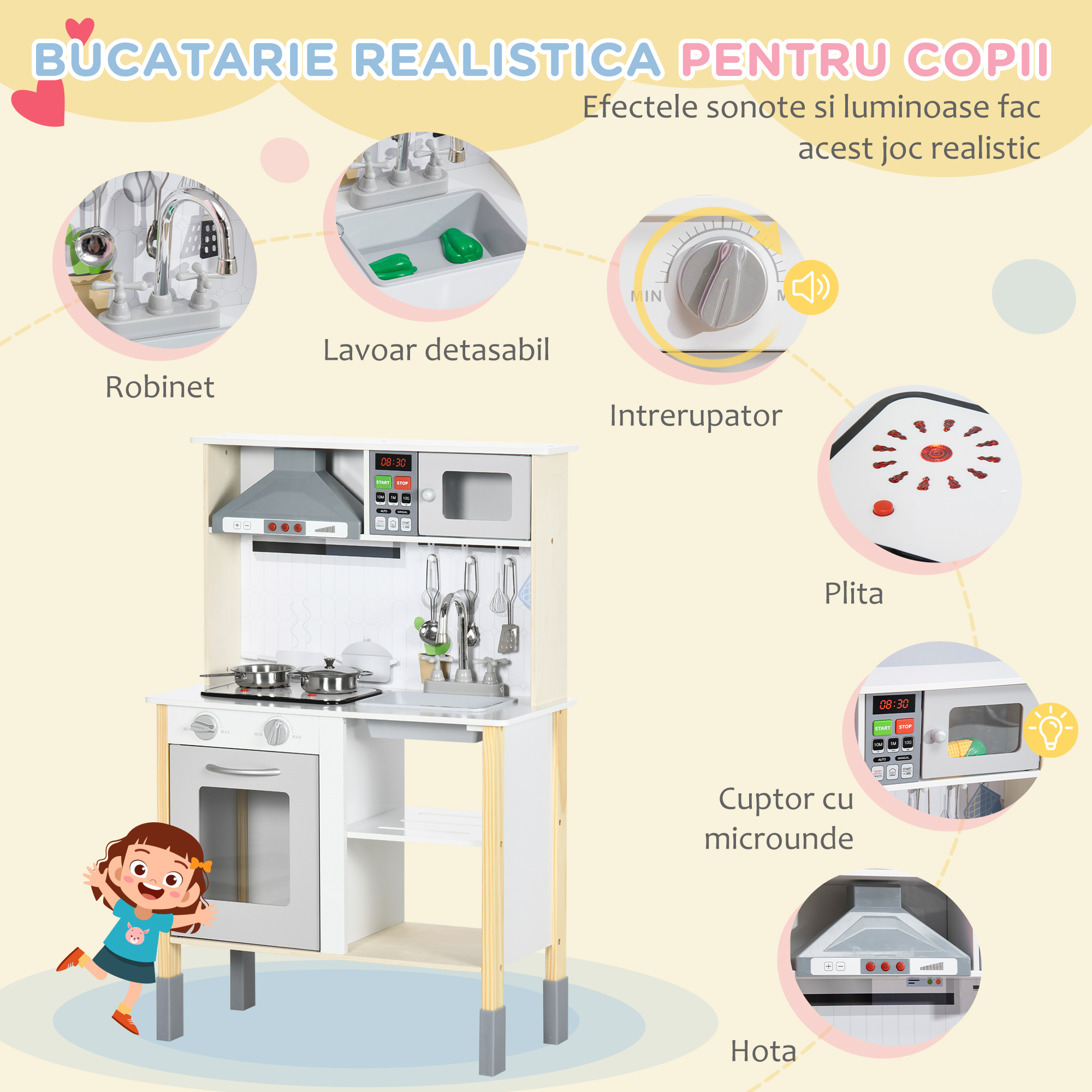  Jucarie de bucatarie pentru copii cu inaltime reglabila, efecte sonore, lumini si ustensile, din MDF si PP, 60x30,5x93,2 cm, gri si alb [3]