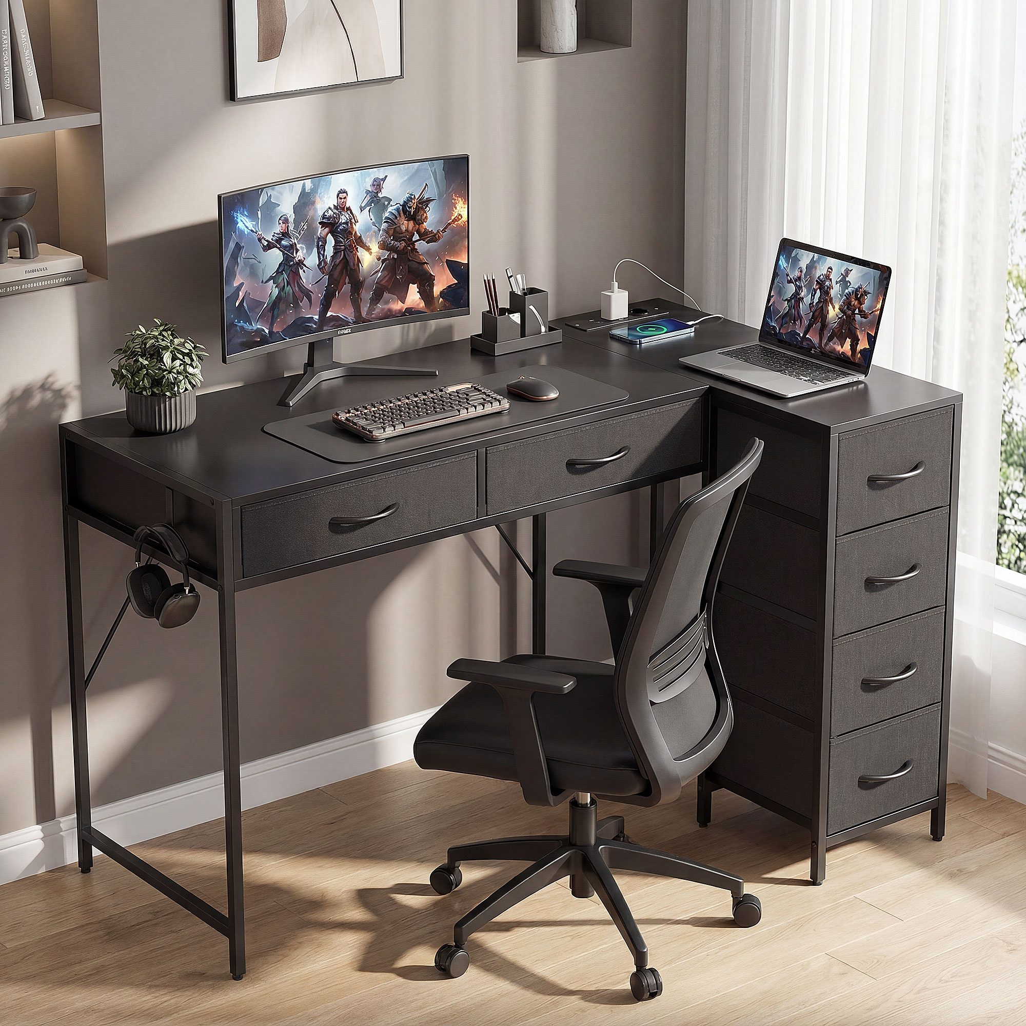  Birou de Colt Reversibil cu Prize de Curent si Porturi USB, 126 x 48 cm, Birou in Forma de L cu 6 Sertare din Material Textil, Carlig Lateral, pentru Computer, Birou, Studiu, Acasa, Negru [1]