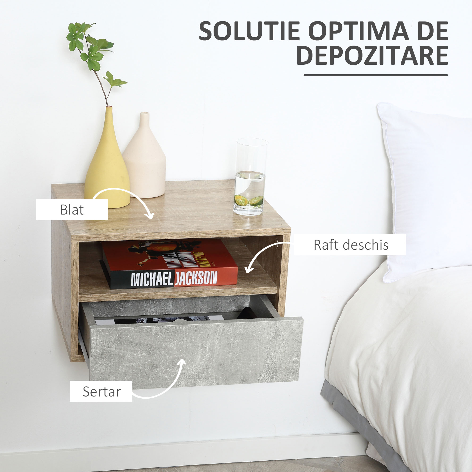  Set de 2 Noptiere Suspendate cu Sertar si Etajera 45x35x27.5cm - Gri/Culoare Lemn [4]