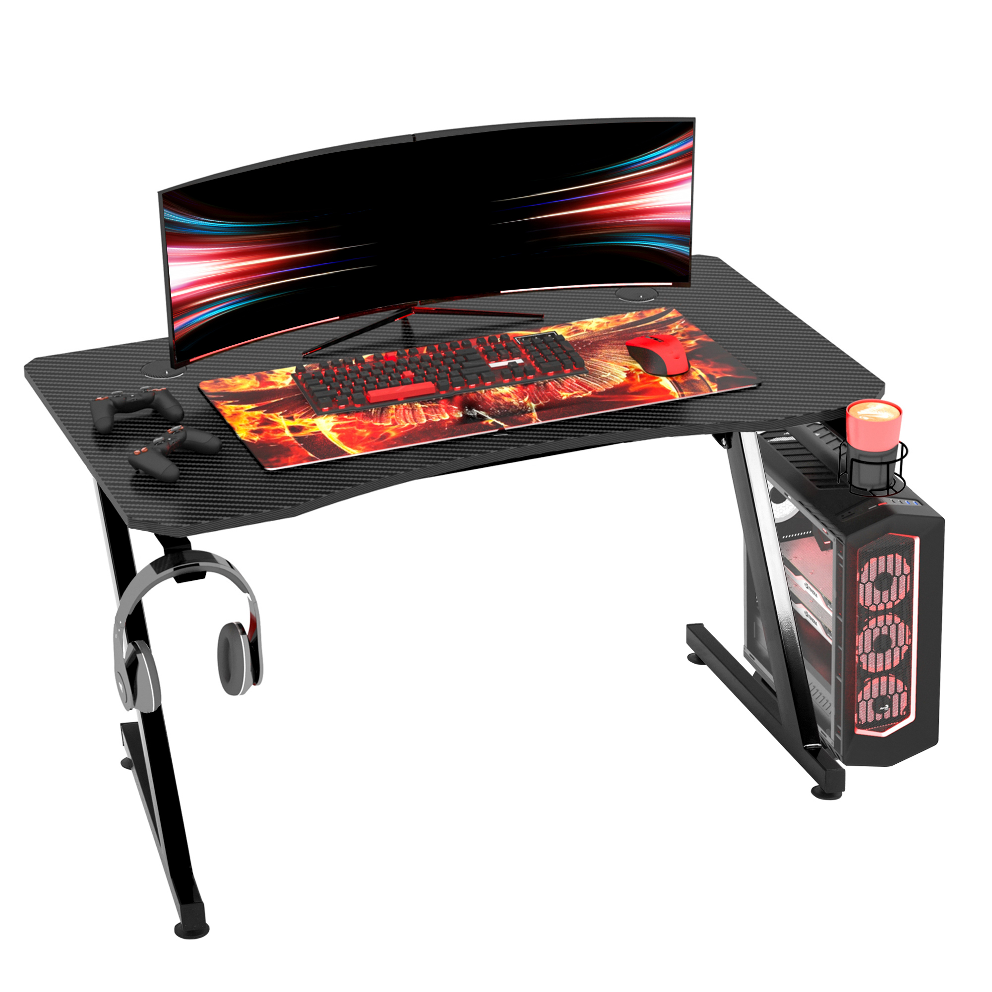  Gaming Desk, Masa Gaming cu Management Cabluri, Suport Pahare si Carlig pentru Casti, Negru, 120×65×74,5 cm [7]