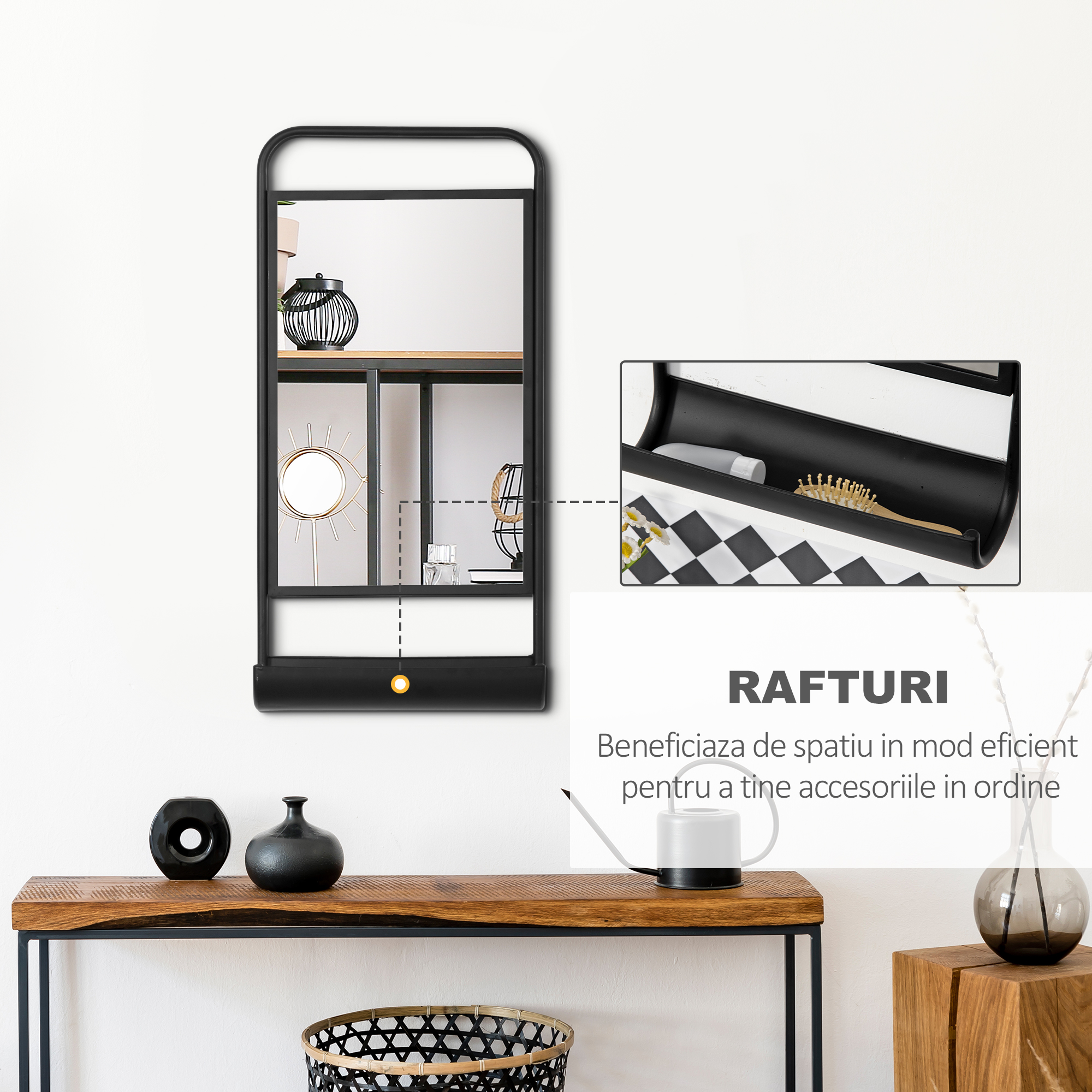  Oglinda de perete cu raft inferior si cadru metalic, oglinda pentru baie si dormitor, 36,2x12x71,7cm, negru [4]