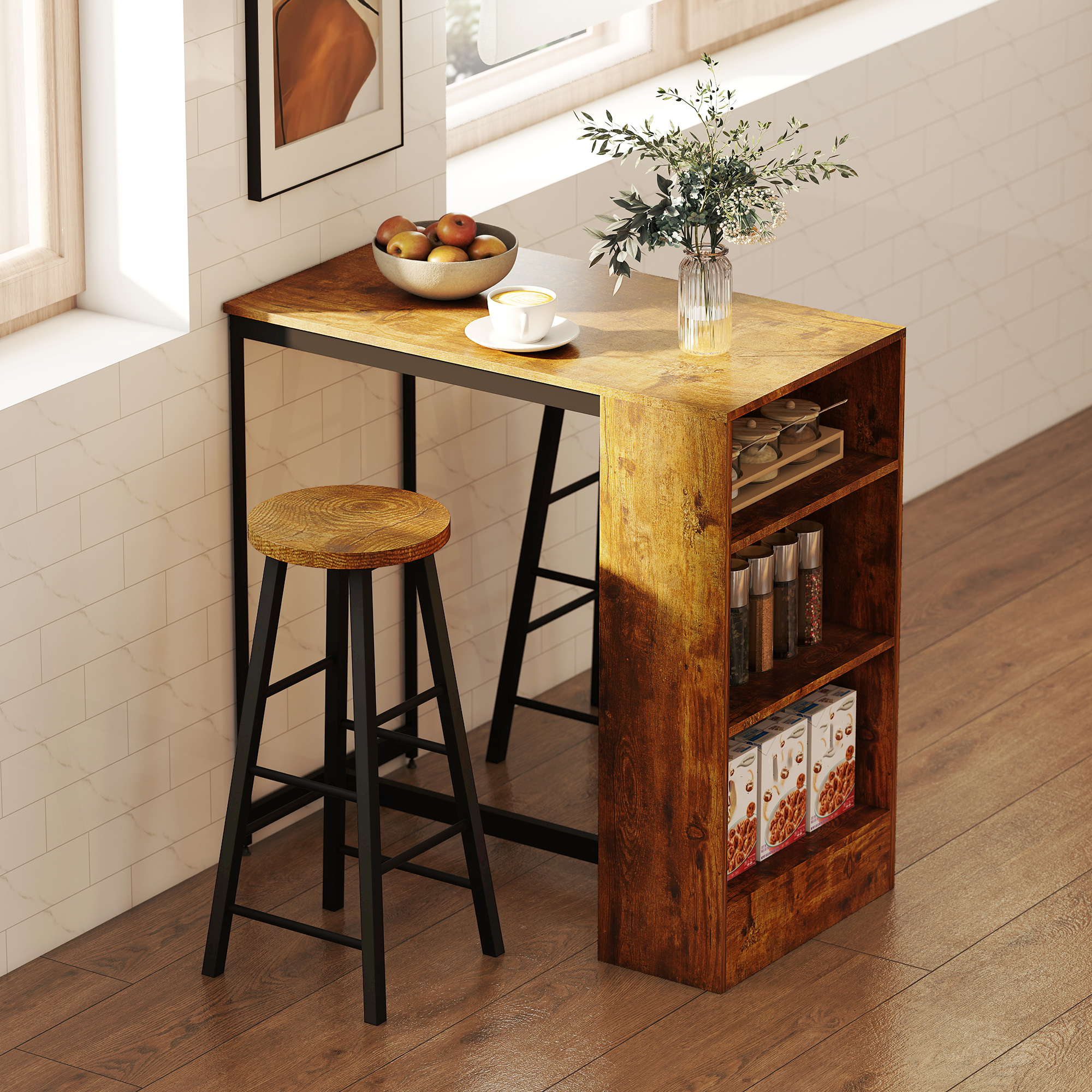  Set de masa cu bar cu 3 rafturi si 2 scaune inalte cu suport pentru picioare, stil industrial, maro [1]