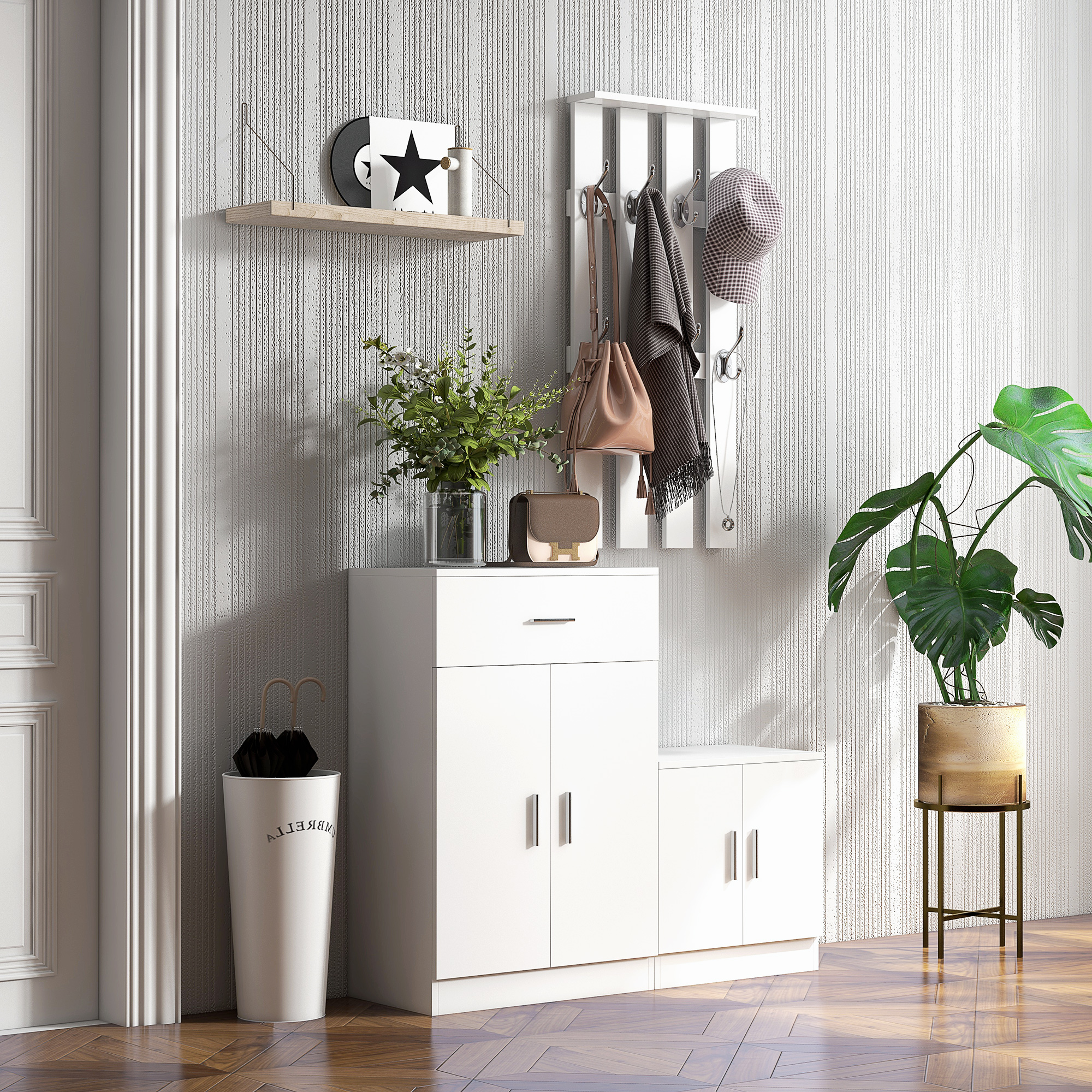  Cuier Hol Lemn Alb - 100×32×187 cm cu Dulap & Rafturi [1]