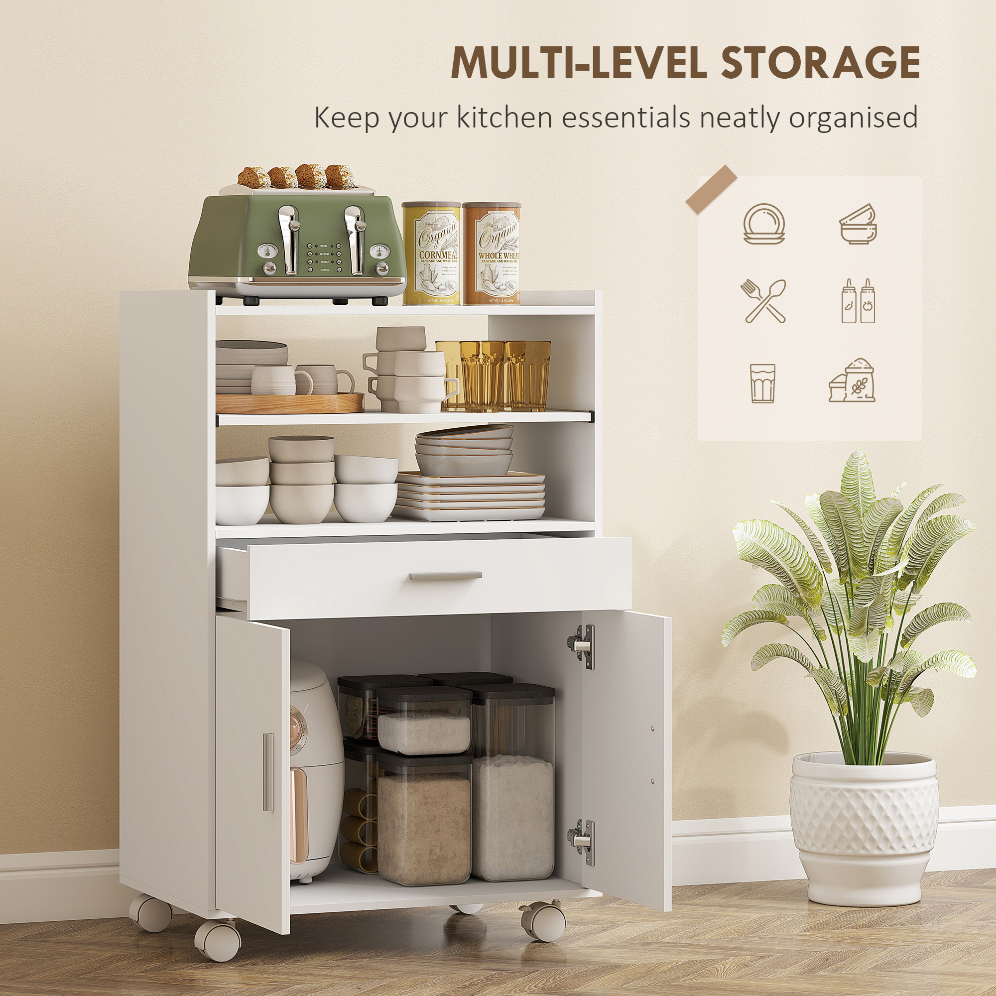  Dulap pentru Cuptorul cu Microunde din Lemn cu Sertar, Dulap cu 2 Usi si 2 Rafturi, 59x40x92 cm, Alb [3]