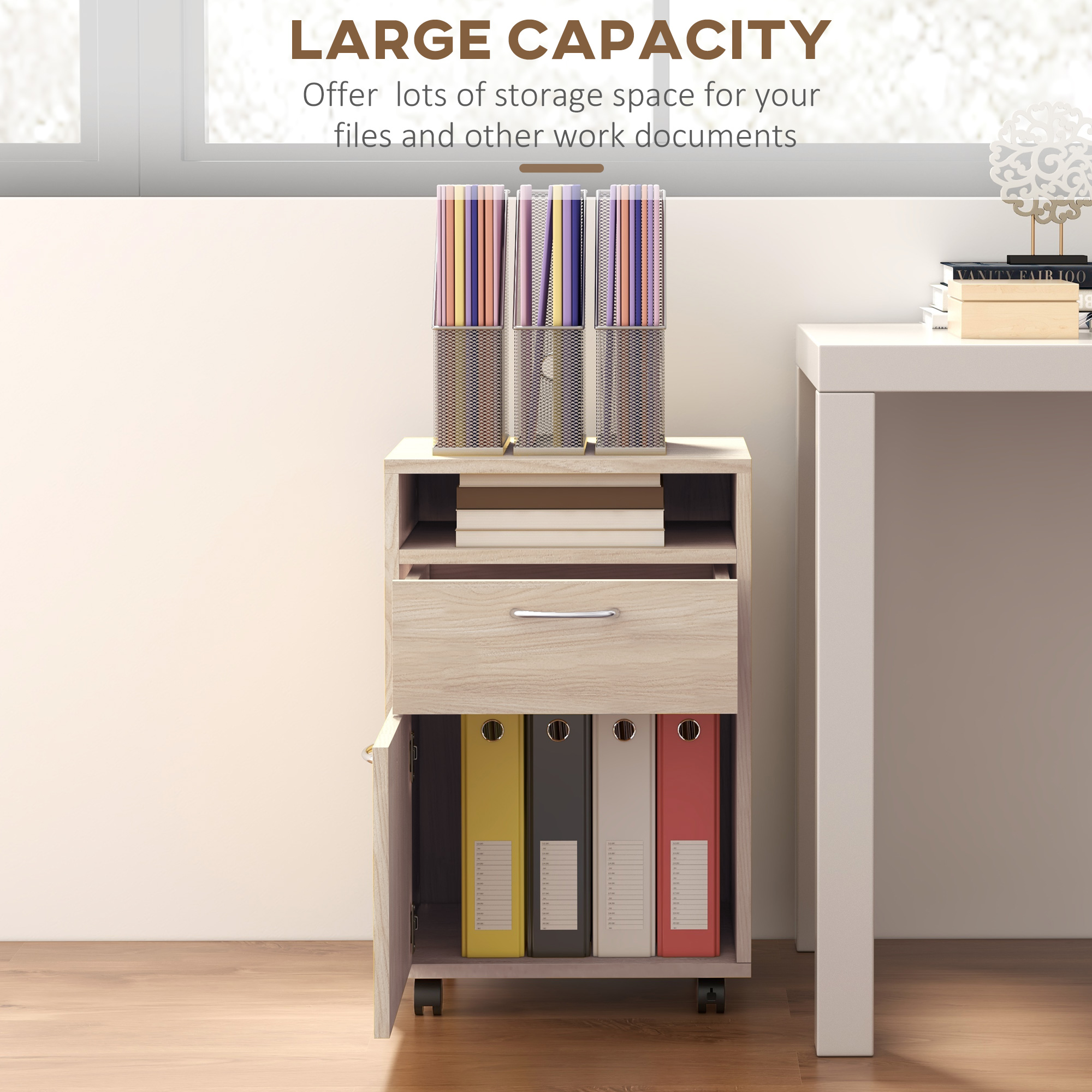  Dulap de Birou cu 4 Roti, Raft Deschis, 2 Sertare, Mobilier de Birou din Lemn si Metal, 40x35x60 cm, Lemn Natural [3]