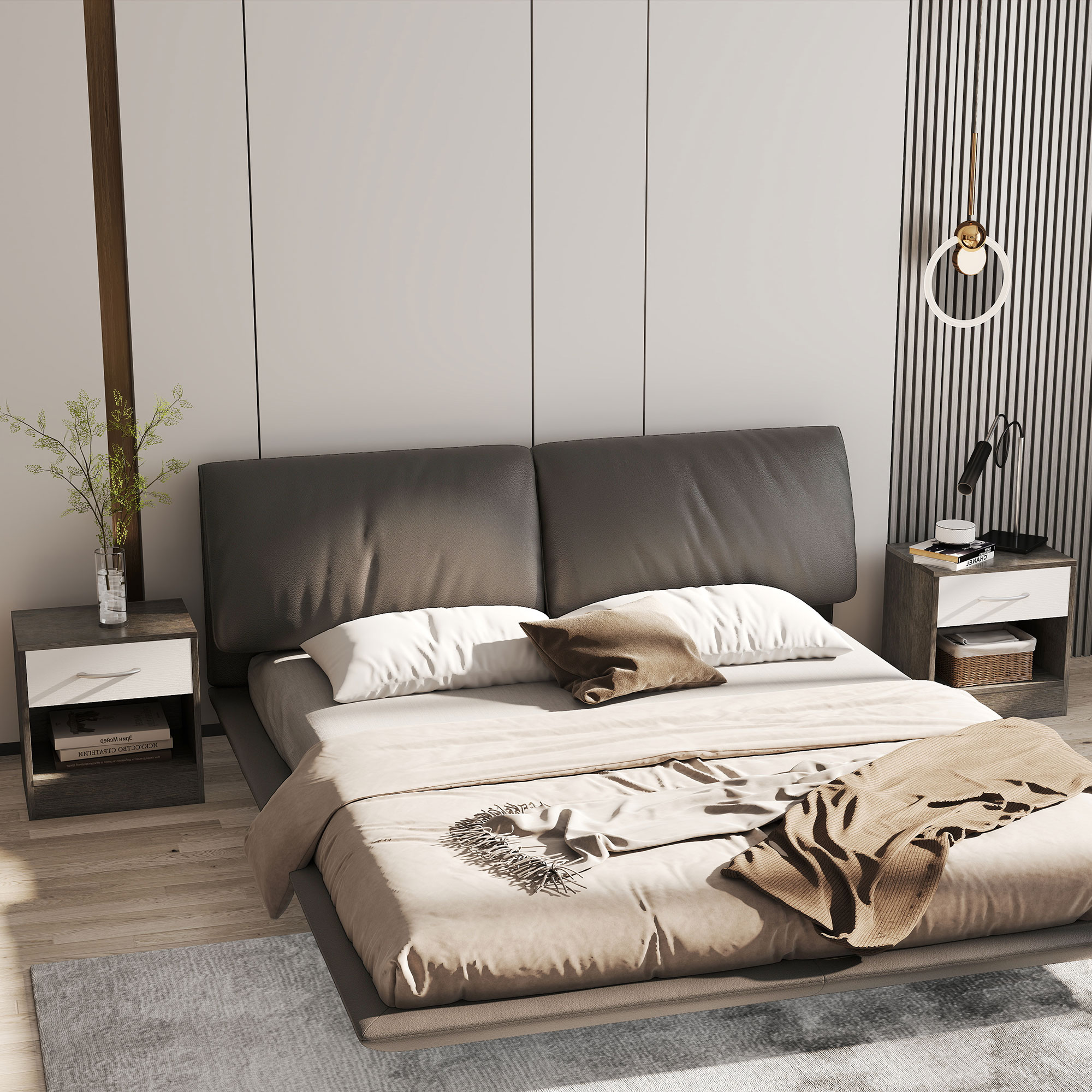  Set de 2 Noptiere Moderne cu Raft Deschis si Sertar, din Lemn, 39x28x41 cm, Alb si Gri inchis [1]