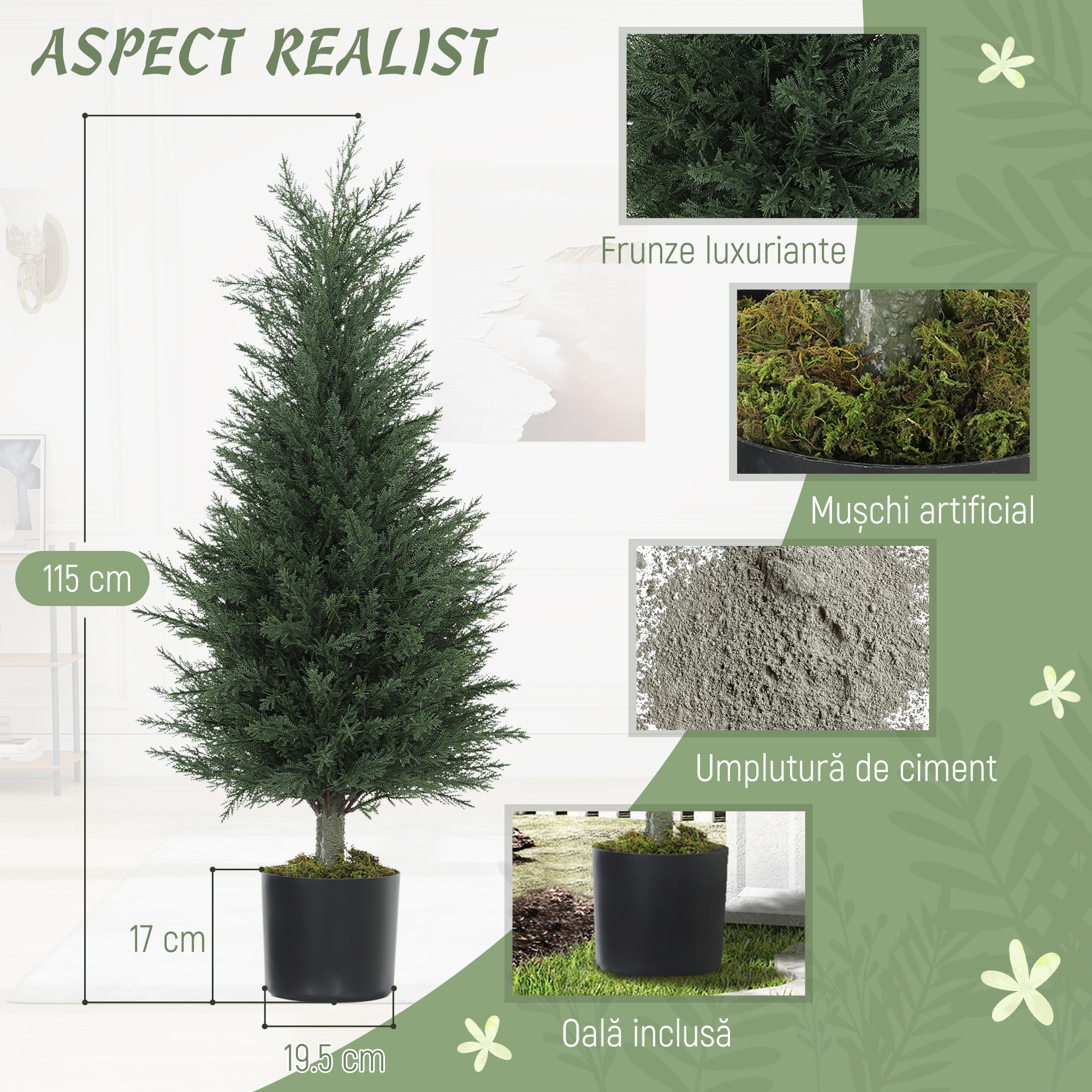  Set 2 Plante Artificiale de Chiparos cu 362 Frunze si Ghiveci cu Ciment si Muschi, Plante Rezistente la UV, Ø40x90 cm, Verde [3]