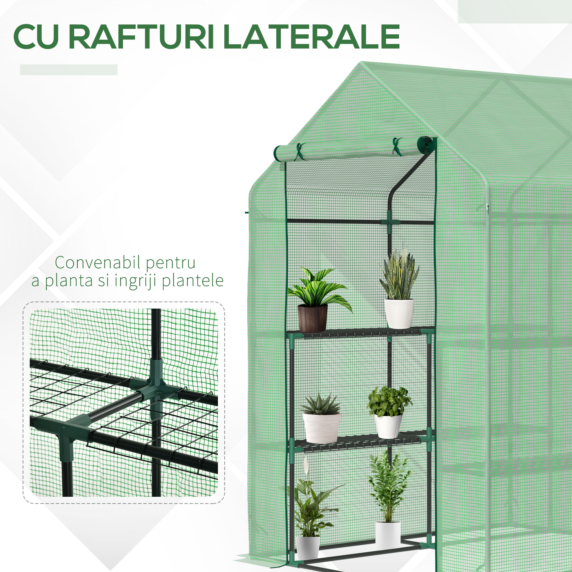  Sera de gradina cu rafturi, protectie din PE si usa care se ruleaza, 143L x 138l x 190H cm, verde [5]