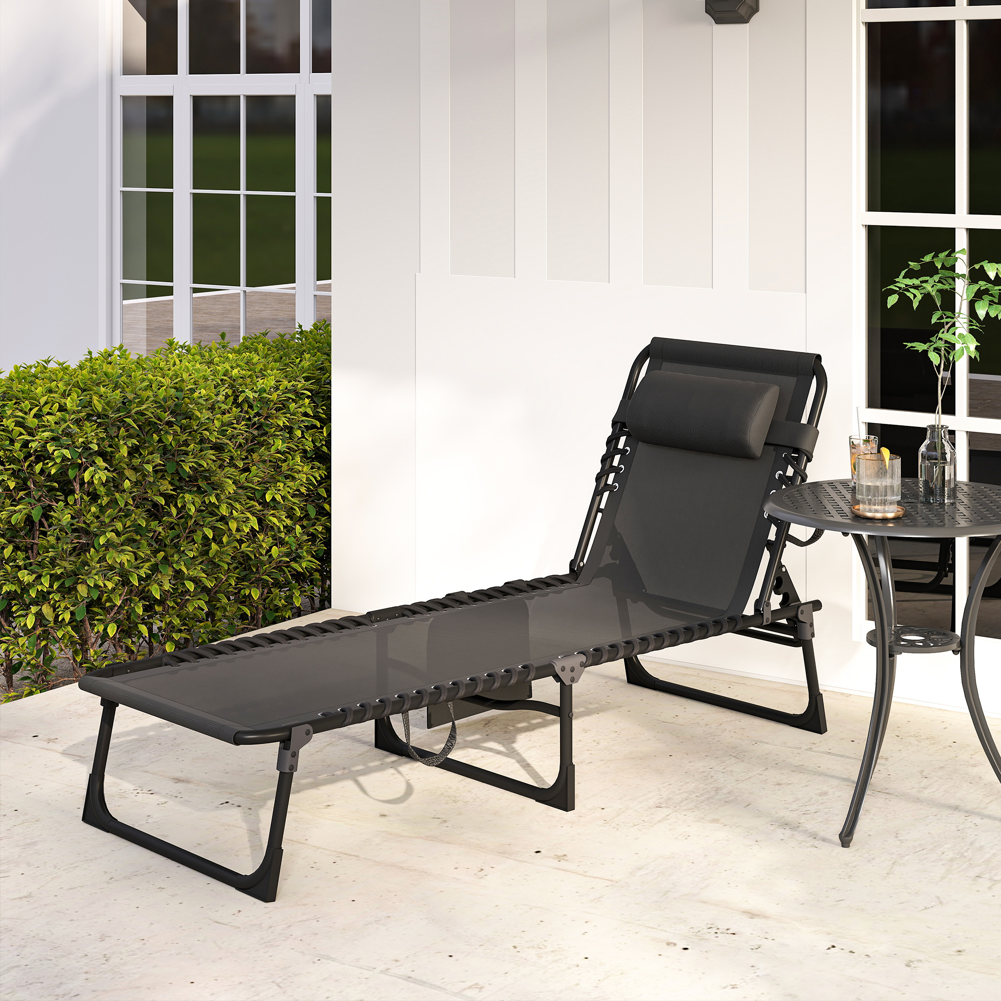  Portable Sun Lounger, Folding Chaise Recliner, 5-Position Adjustable Cot, Black [7]