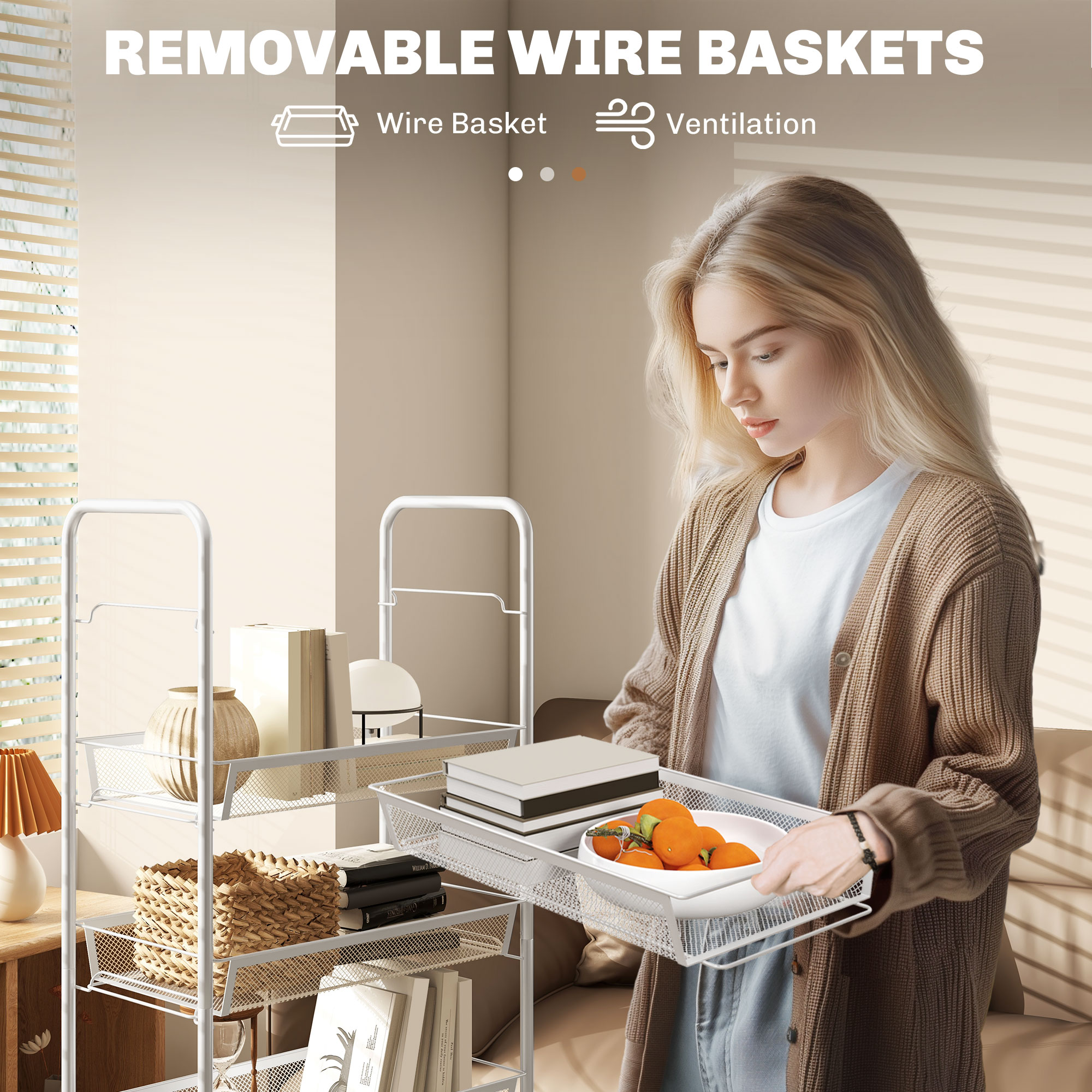  Carucior de Bucatarie Economisitor de Spatiu pe 5 Niveluri cu Cosuri din Plasa din Otel, 45x26.5x106cm, Alb [4]