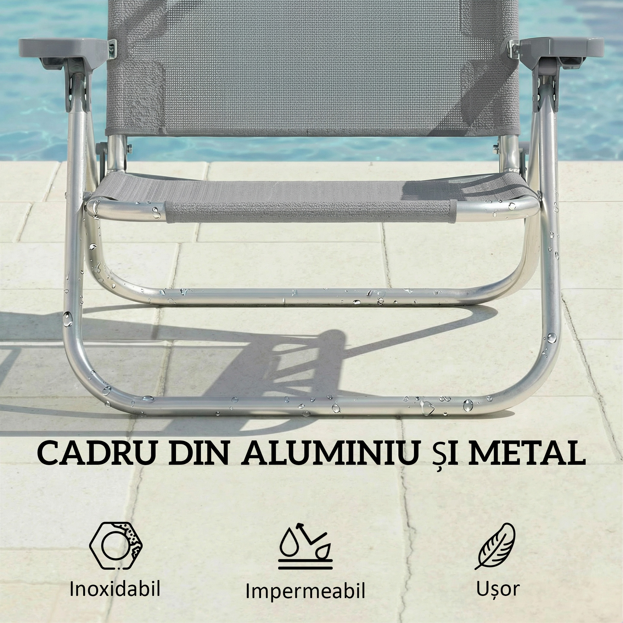  sezlong Reclinabil cu 6 Nivele, Copertina Reglabila si Tetiera, din Aluminiu si Plasa, 62x68x79, Gri [7]