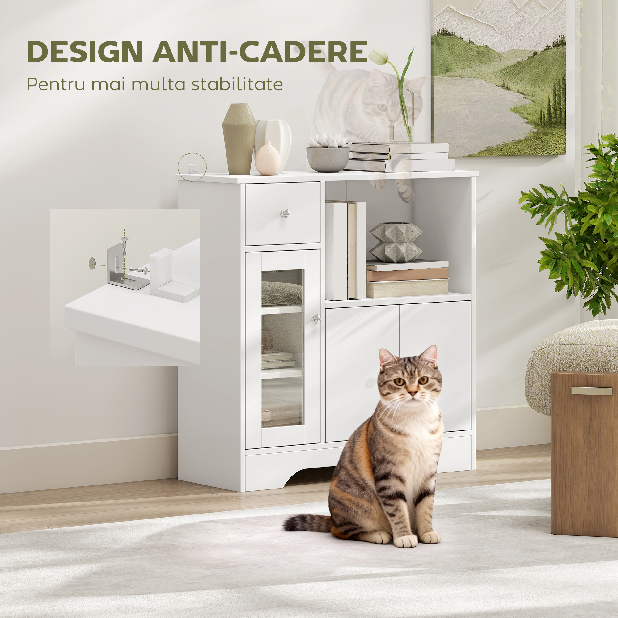  Bufet cu Compartiment Deschis, Sertar, 3 Rafturi si Dulap cu 2 Usi, din Lemn, 80x30x82 cm, Alb [6]