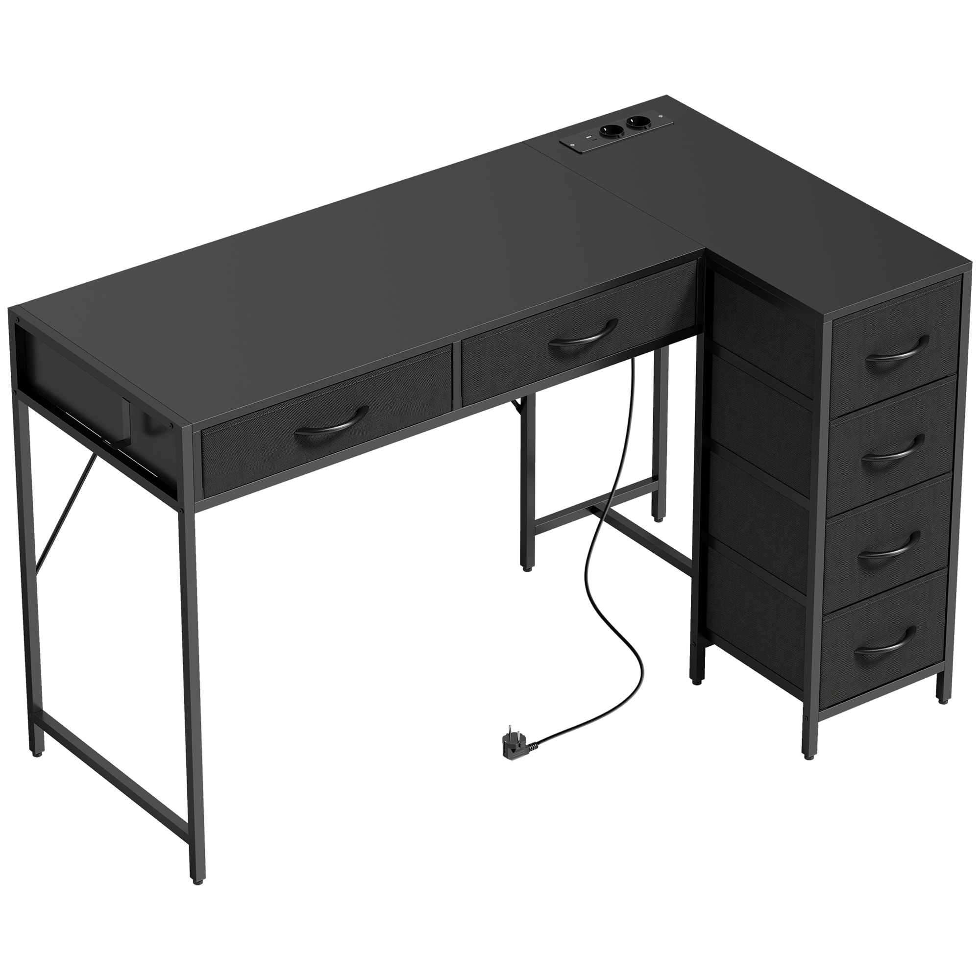 Dormitor & birou -  Birou de Colt Reversibil cu Prize de Curent si Porturi USB, 126 x 48 cm, Birou in Forma de L cu 6 Sertare din Material Textil, Carlig Lateral, pentru Computer, Birou, Studiu, Acasa, Negru