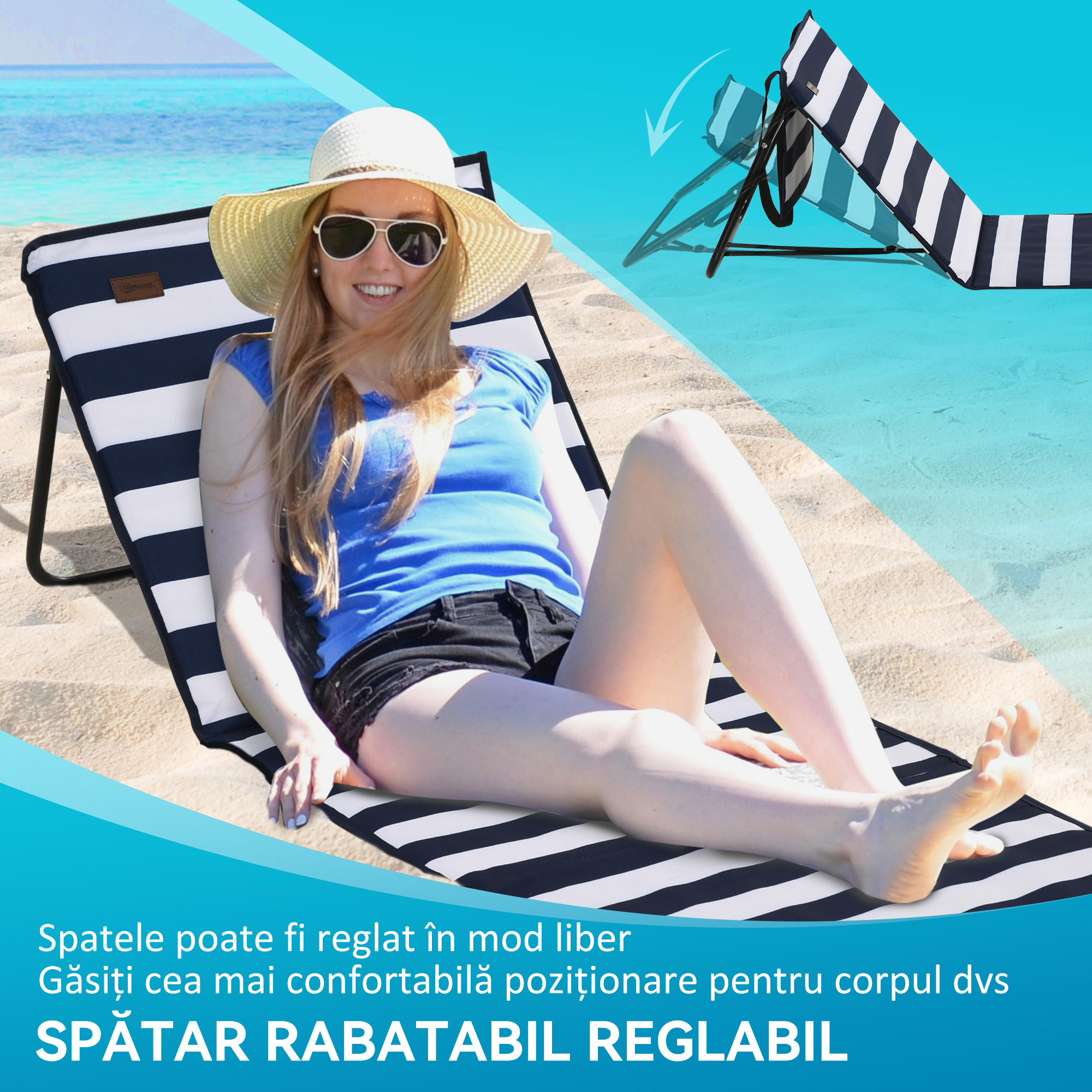  Set 2 sezlonguri de Plaja Pliabile si Reglabile cu Buzunar, din Otel si Poliester, 142x51x40 cm, Multicolor [4]