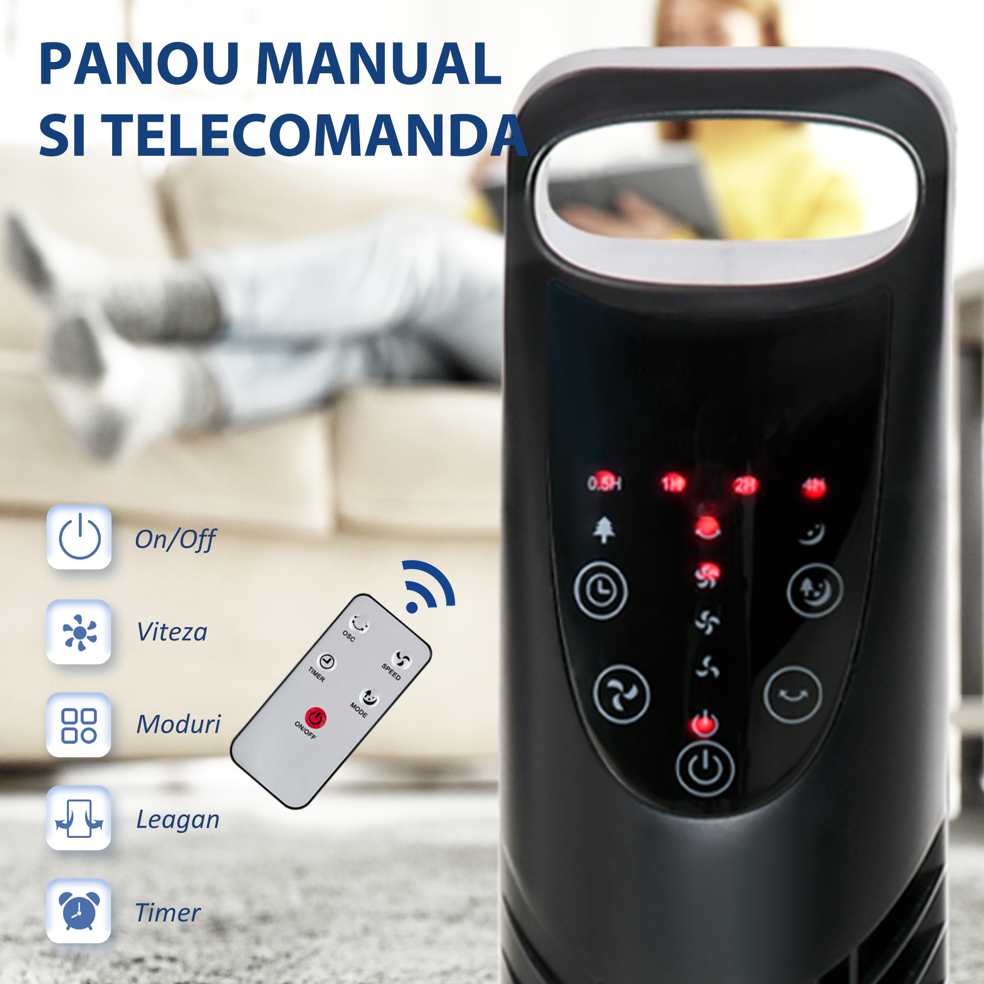  Ventilator Reglabil Oscilant cu 3 niveluri de viteza si Telecomanda de control de la distanta, Ф18x78.5cm Negru [5]