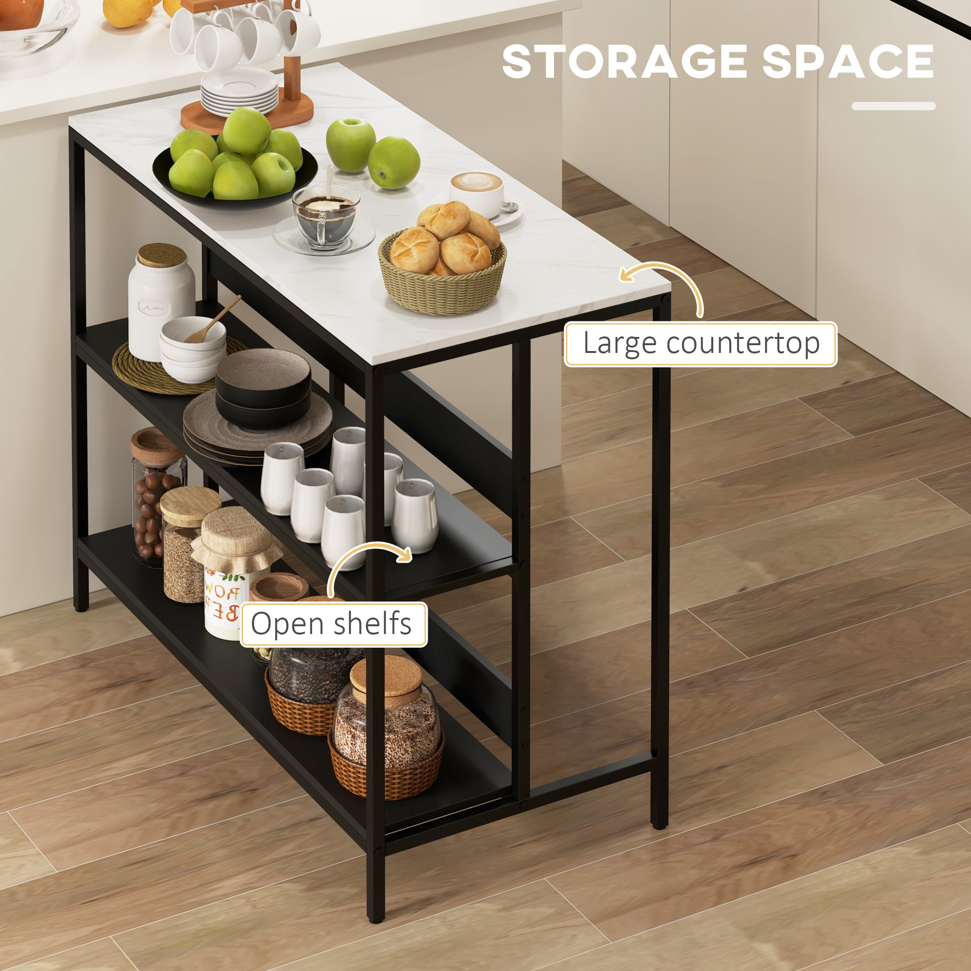  Insula de Bucatarie cu Rafturi Deschise Carucior de Bucatarie cu Blat cu Imitatie de Furnir cu Textura de Marmura Alba cu Picioruse Reglabile pentru Camera de Luat Masa Camera de Zi Negru [4]
