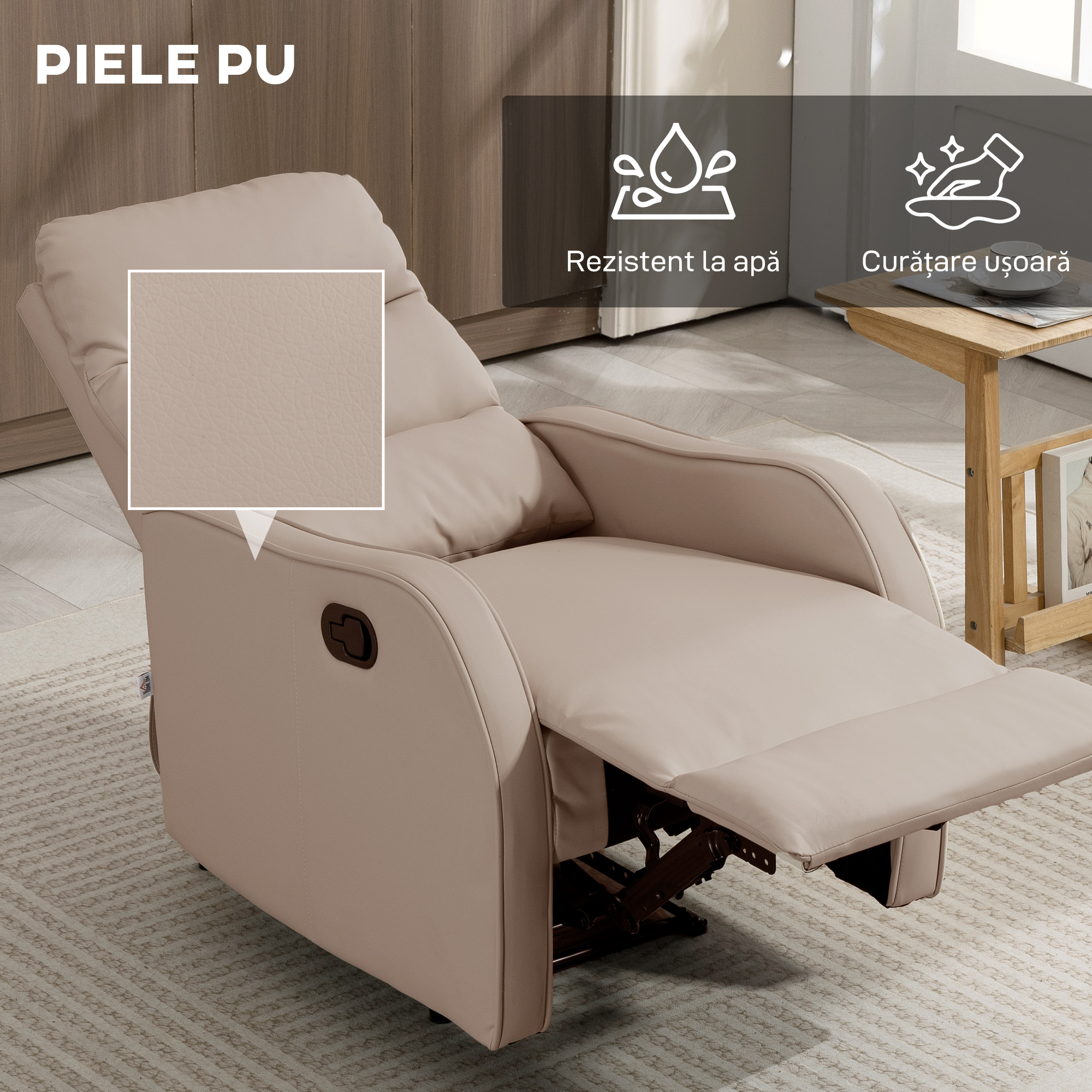  Fotoliu Reclinabil 160° cu Suport pentru Picioare, din Piele PU, Lemn si Otel, 65x89x100 cm, Maro Deschis [5]