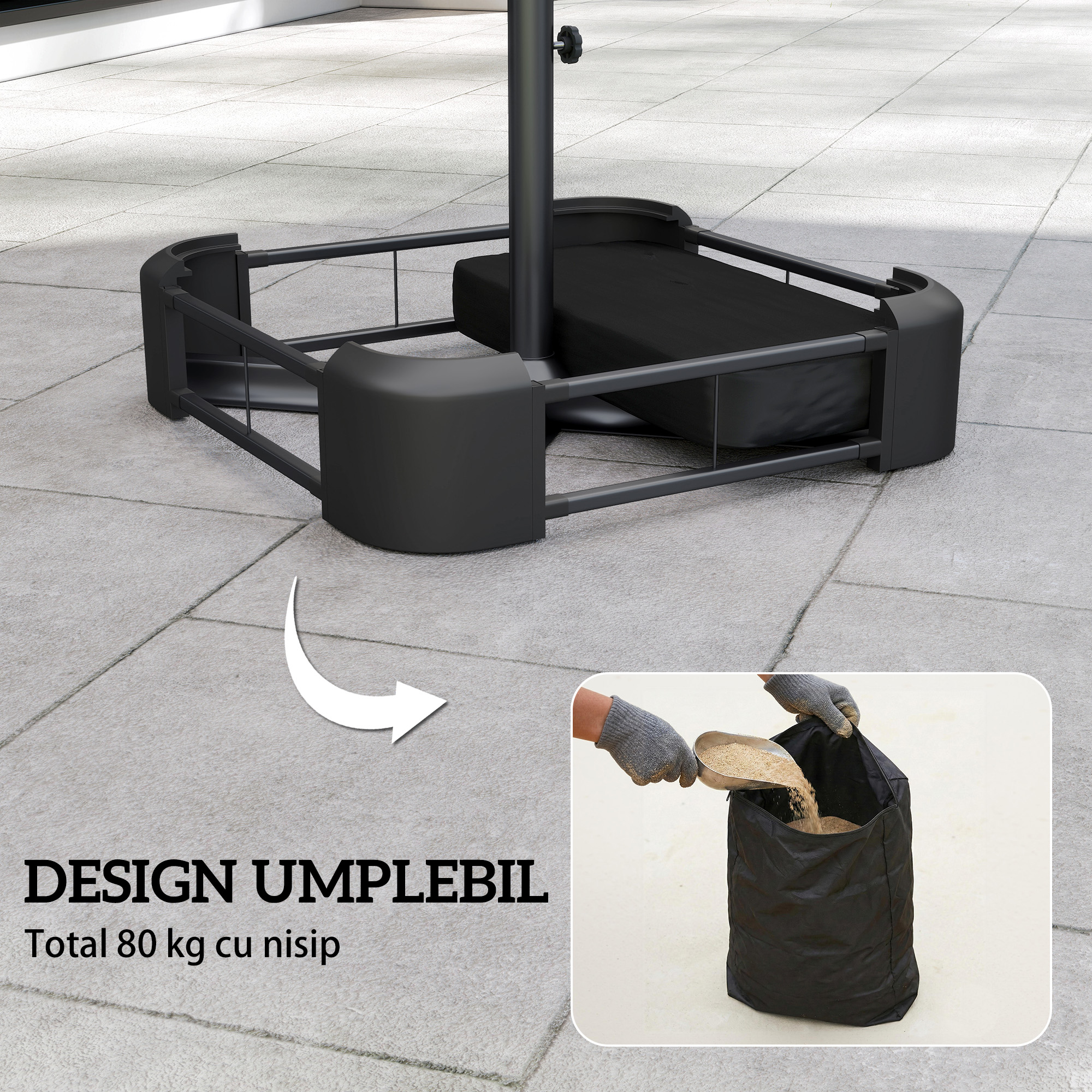  Baza pentru Umbrela Reumplibila cu Nisip 80 kg/Nisip Umed 90 kg, pentru Tije de Ø48 mm, Negru [3]