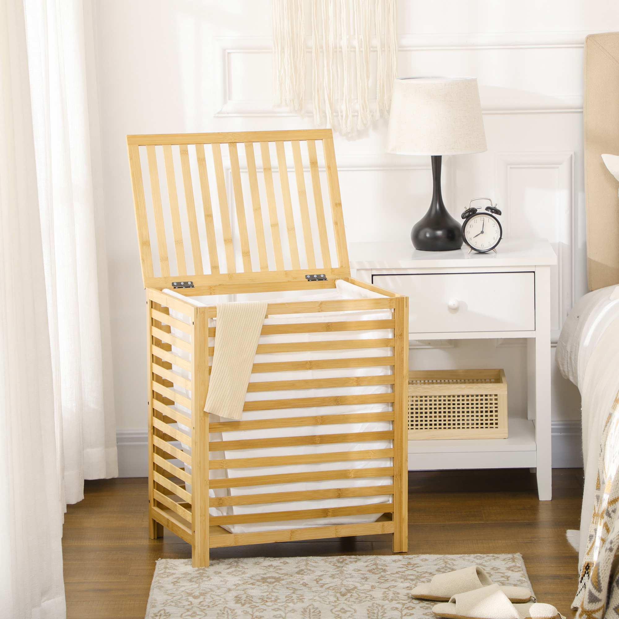  Cos de Rufe cu Sipci din Bambus si Material Textil cu Capac si Sac detasabil pentru Baie si Dormitor, 50x36x60 cm, culoare Lemn natur [8]